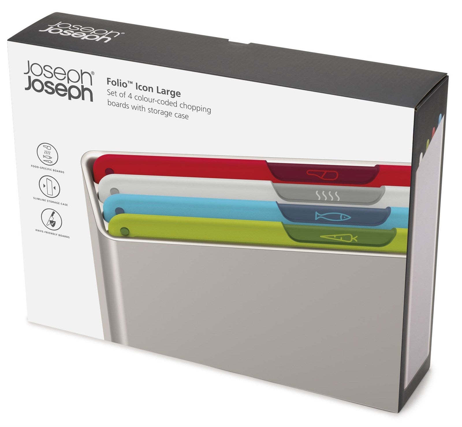 Folio Icon 4 tlg. Schneidebrettset: Robuste, hygienische Bretter in verschiedenen Farben für sicheres und platzsparendes Arbeiten in der Küche!