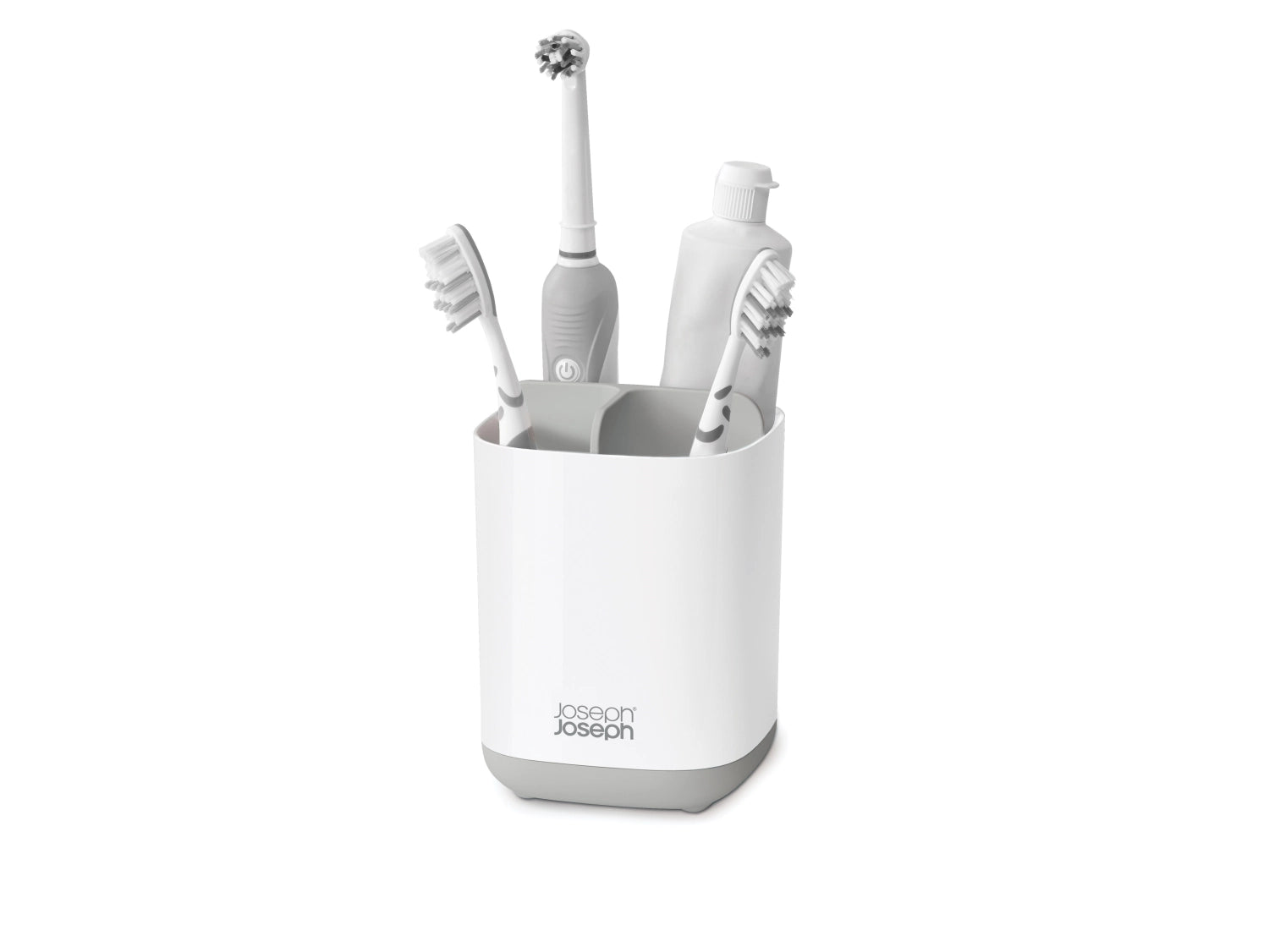 Stylischer Zahnbürstenhalter EasyStore von Joseph Joseph, ideal für die platzsparende und hygienische Aufbewahrung von Zahnbürsten und Tuben.
