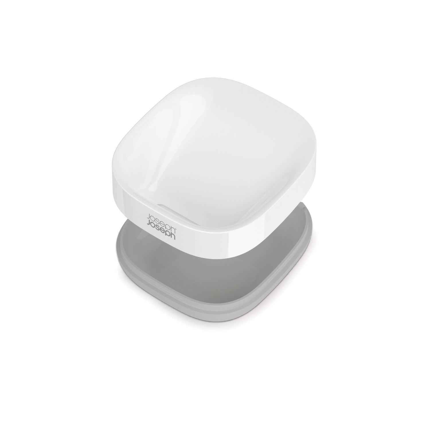 Eleganter Slim Compact Seifenbehälter in Weiß und Grau von Joseph Joseph, perfekt für stilvolle Badezimmer und effiziente Raumnutzung.