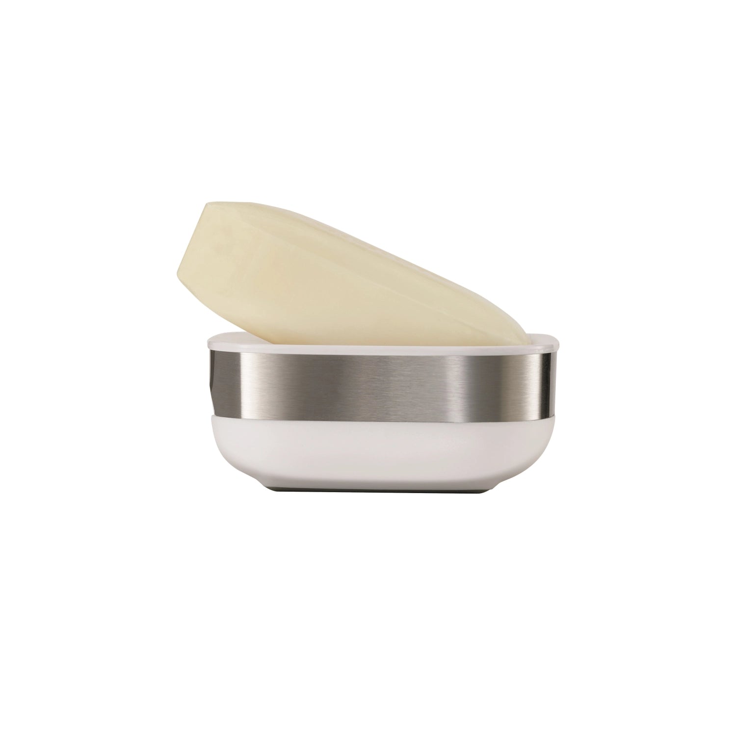 Elegante, kompakte Seifenschale aus robustem Edelstahl in Weiß von Joseph Joseph, ideal für stilvolle und platzsparende Badgestaltung.