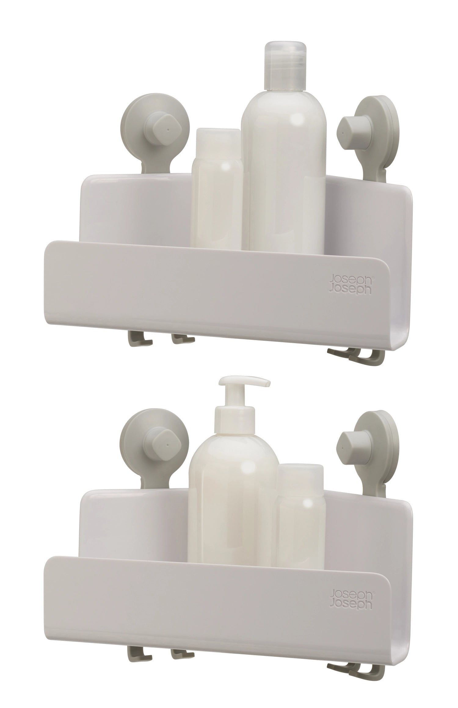 Praktisches 2er-Set Eck-Duschablagen in Weiß von Joseph Joseph, perfekt für die organisierte Aufbewahrung in der Dusche.