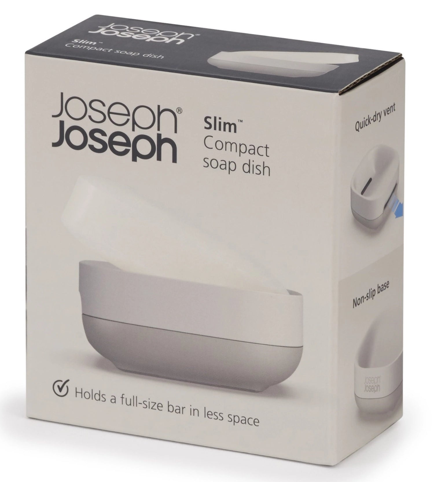 Die Slim Compact Seifenschale in ecru von Joseph Joseph bietet eine stilvolle und platzsparende Lösung für Ihr Badezimmer. Hygienisch und leicht zu reinigen!