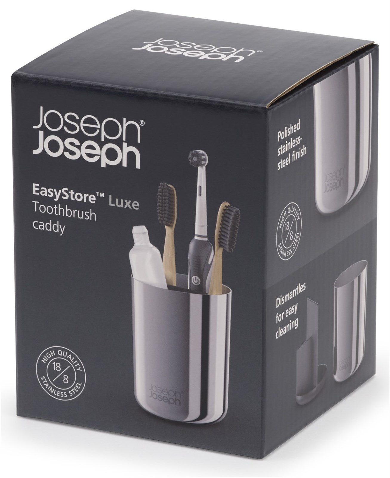 Eleganter Zahnbürstenhalter aus Edelstahl von Joseph Joseph, ideal für stilvolle Badezimmerorganisation und hygienische Aufbewahrung.