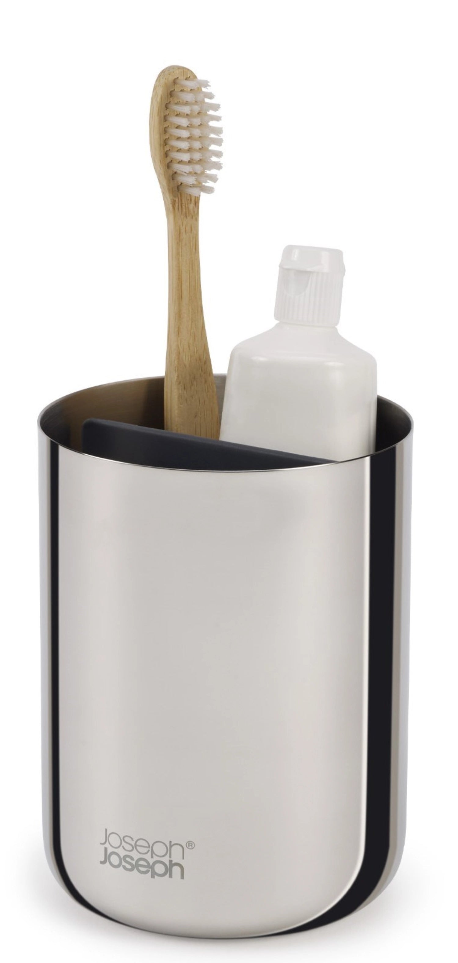 Stylischer Zahnbürstenhalter aus hochwertigem Edelstahl von Joseph Joseph, perfekt für eine aufgeräumte und moderne Badgestaltung.