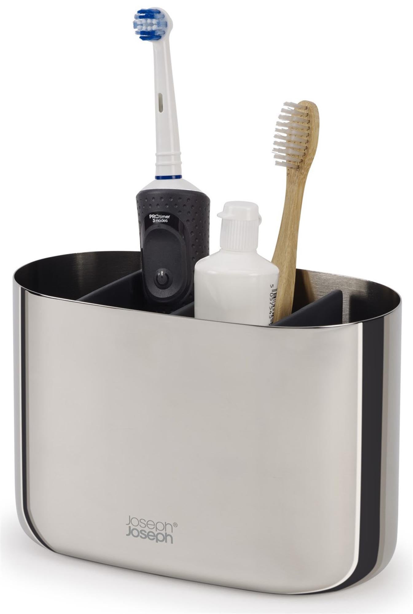 Eleganter Zahnbürstenhalter aus Edelstahl, bietet Platz für 4 Zahnbürsten, rostfrei, stilvoll und hygienisch.