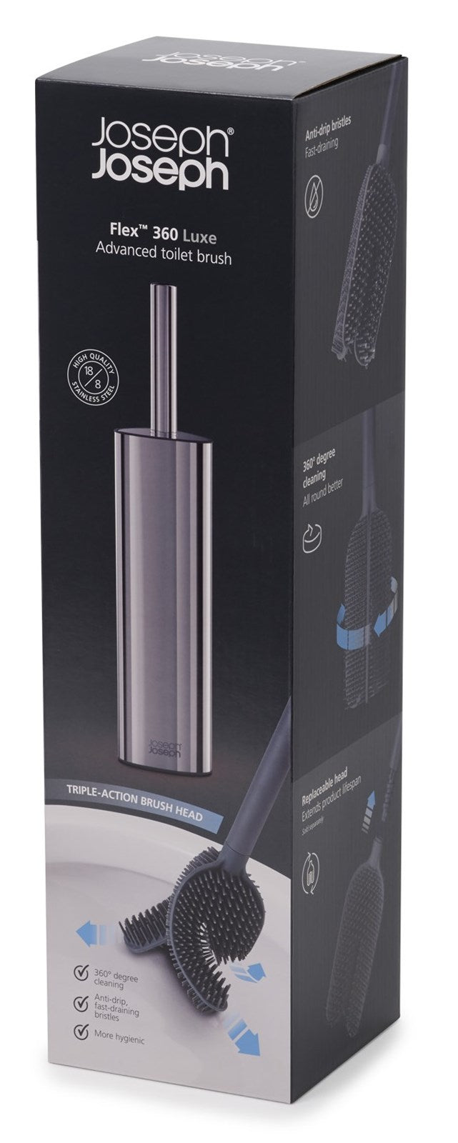 Elegante WC-Bürste aus rostfreiem Edelstahl, flexibler Kopf für gründliche Reinigung, stilvoll und langlebig.