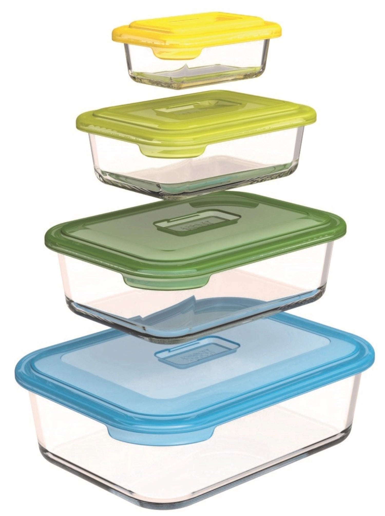 Praktisches 4-teiliges Set aus robusten Glasbehältern von Joseph Joseph, ideal für die ordentliche und stilvolle Aufbewahrung von Lebensmitteln.