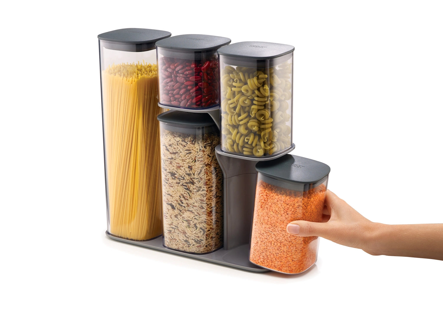 Praktisches 5-teiliges Vorratsbehälter-Set "Food Store Podium" in Grau von Joseph Joseph, ideal für die organisierte und platzsparende Aufbewahrung.