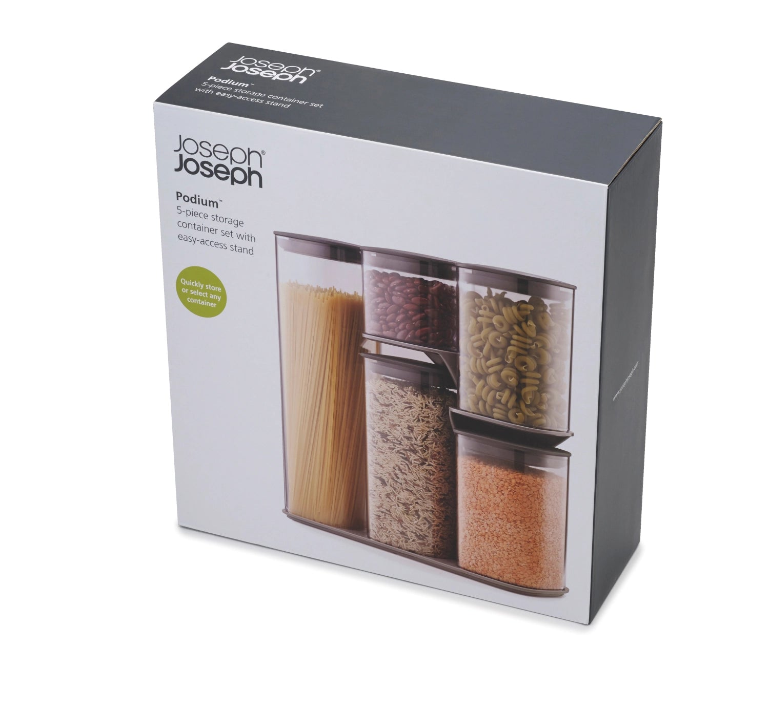 Elegantes 5-teiliges Vorratsbehälter-Set "Food Store Podium" in Grau von Joseph Joseph, perfekt für eine stilvolle und effiziente Küchenorganisation.