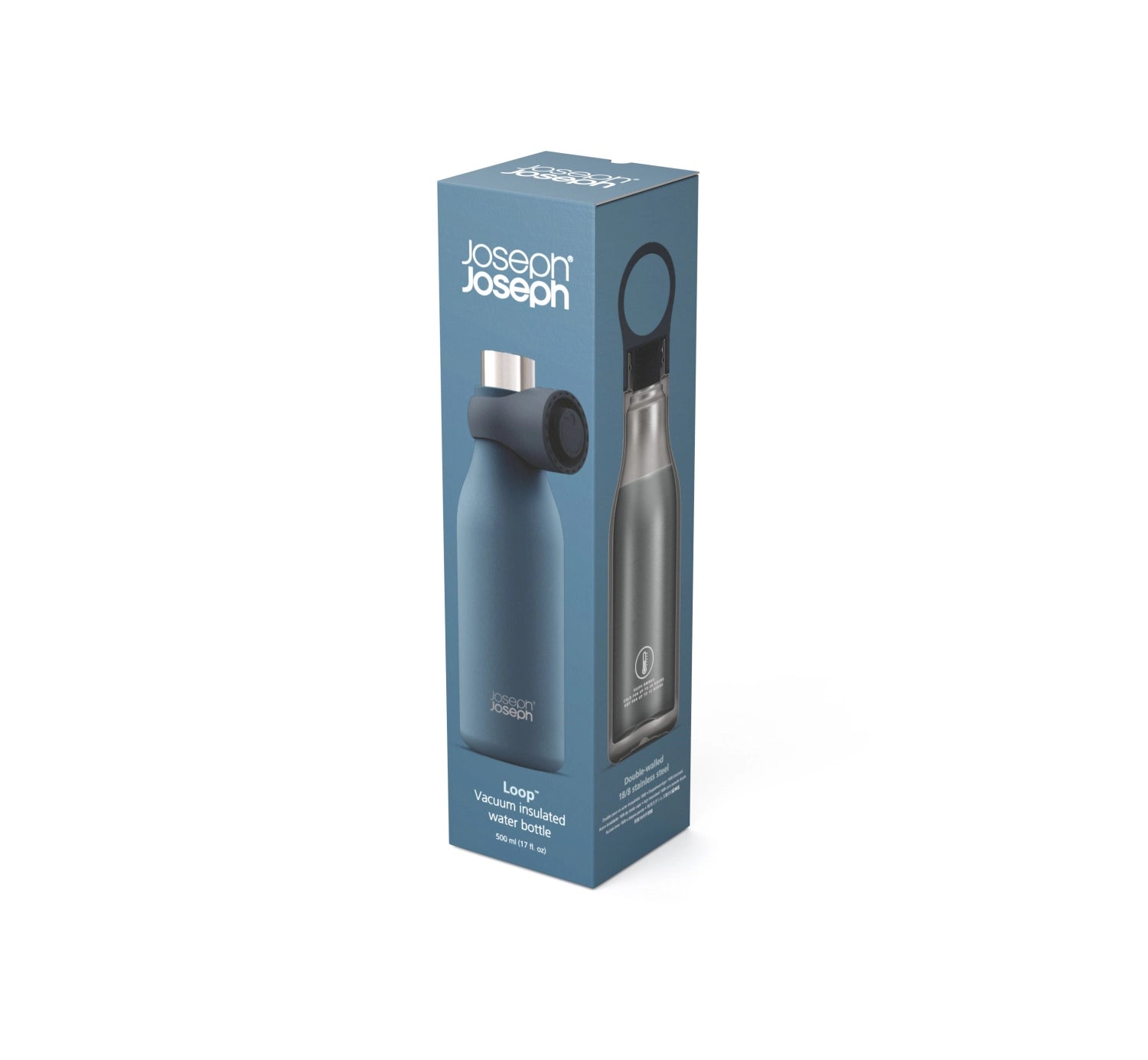 Moderne 500ml Loop Wasserflasche in Blau von Joseph Joseph, ideal für unterwegs, mit effektiver Isolierung und praktischem Design.