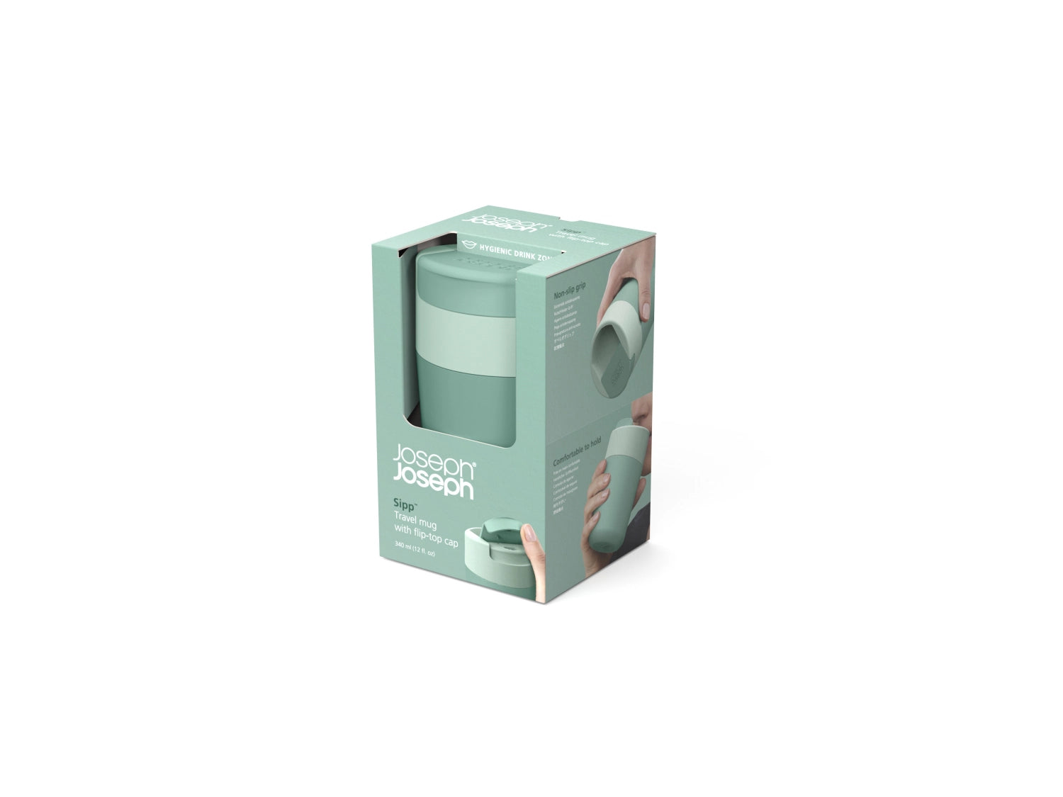 Grüner Sipp Travel Mug von Joseph Joseph, 340ml, ideal für unterwegs, bietet Auslaufschutz und praktisches Design für Reisende.