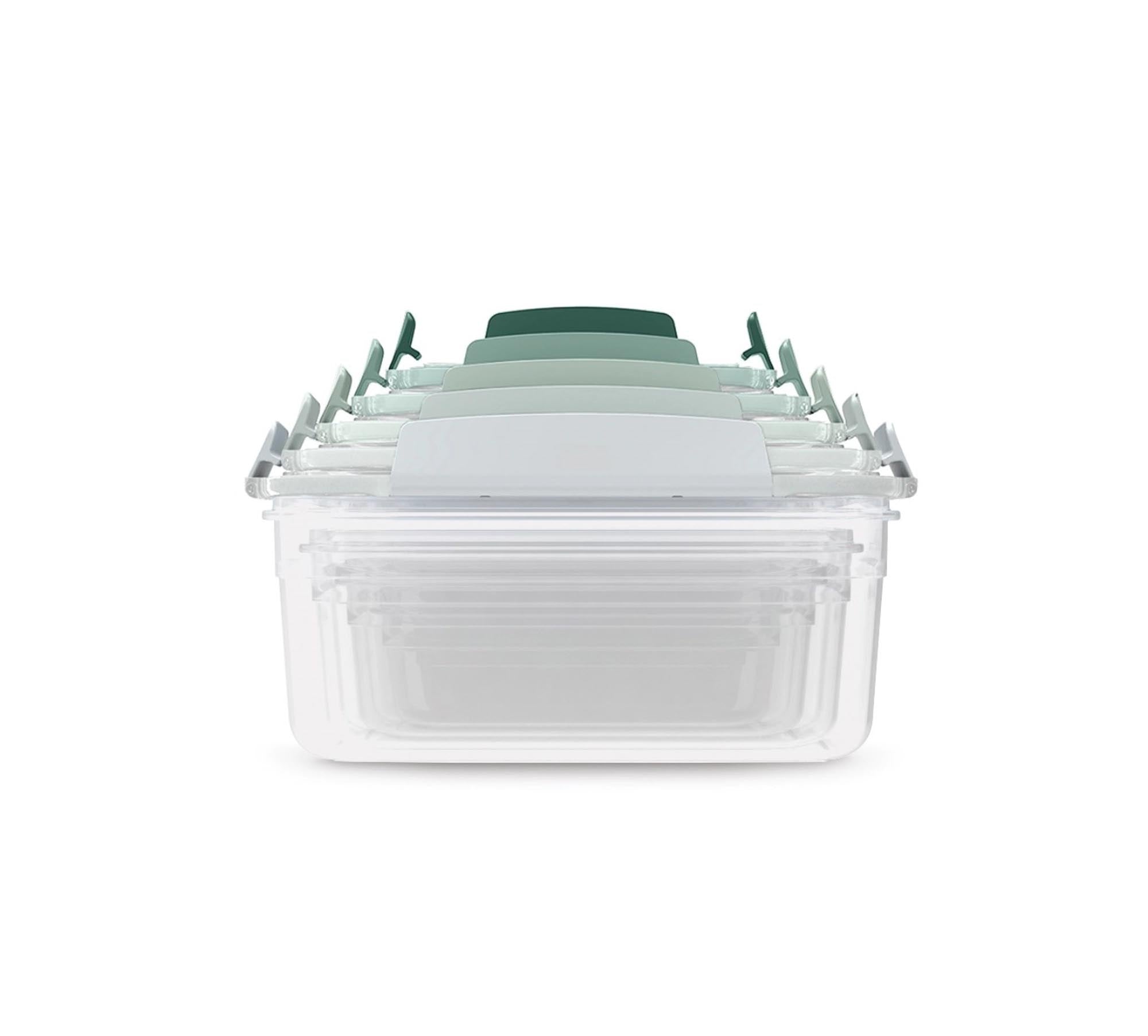 Praktisches 5-teiliges Vorratsdosenset von Joseph Joseph: Robust, stapelbar und ideal für die sichere Aufbewahrung von Lebensmitteln. BPA-frei und spülmaschinenfest.