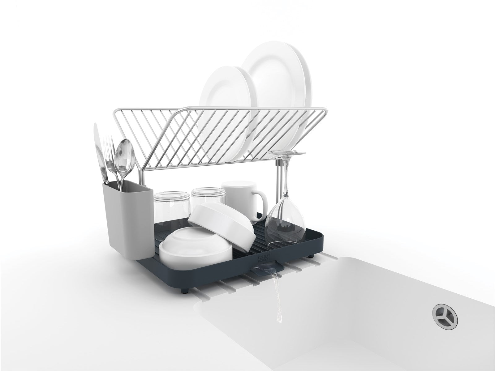 Kompakter Y-Rack Geschirrabtropfständer in Grau von Joseph Joseph, mit Gitter für effizientes Trocknen und stilvollem Design.