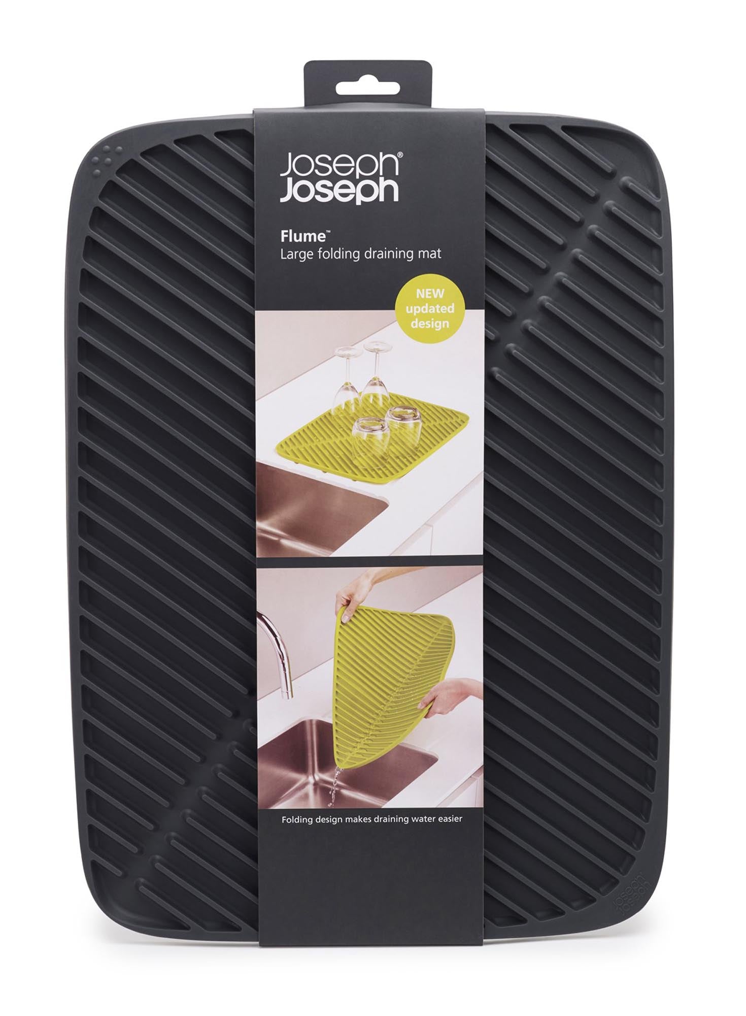Flume Abtropfmatte in Grau, groß (31.4x43.4 cm) von Joseph Joseph, ideal für effizientes Abtropfen von Geschirr und Küchenutensilien.
