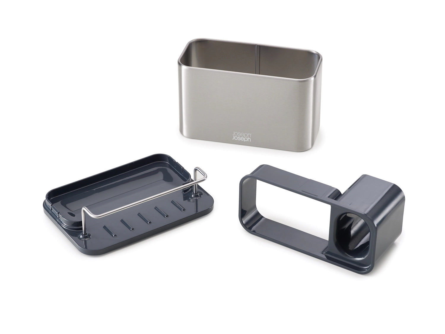 Stylischer Surface Sink Tidy von Joseph Joseph, 18x12.5x12.8 cm, perfekt zur ordentlichen Aufbewahrung von Geschirrspülzubehör in Bad und Küche.