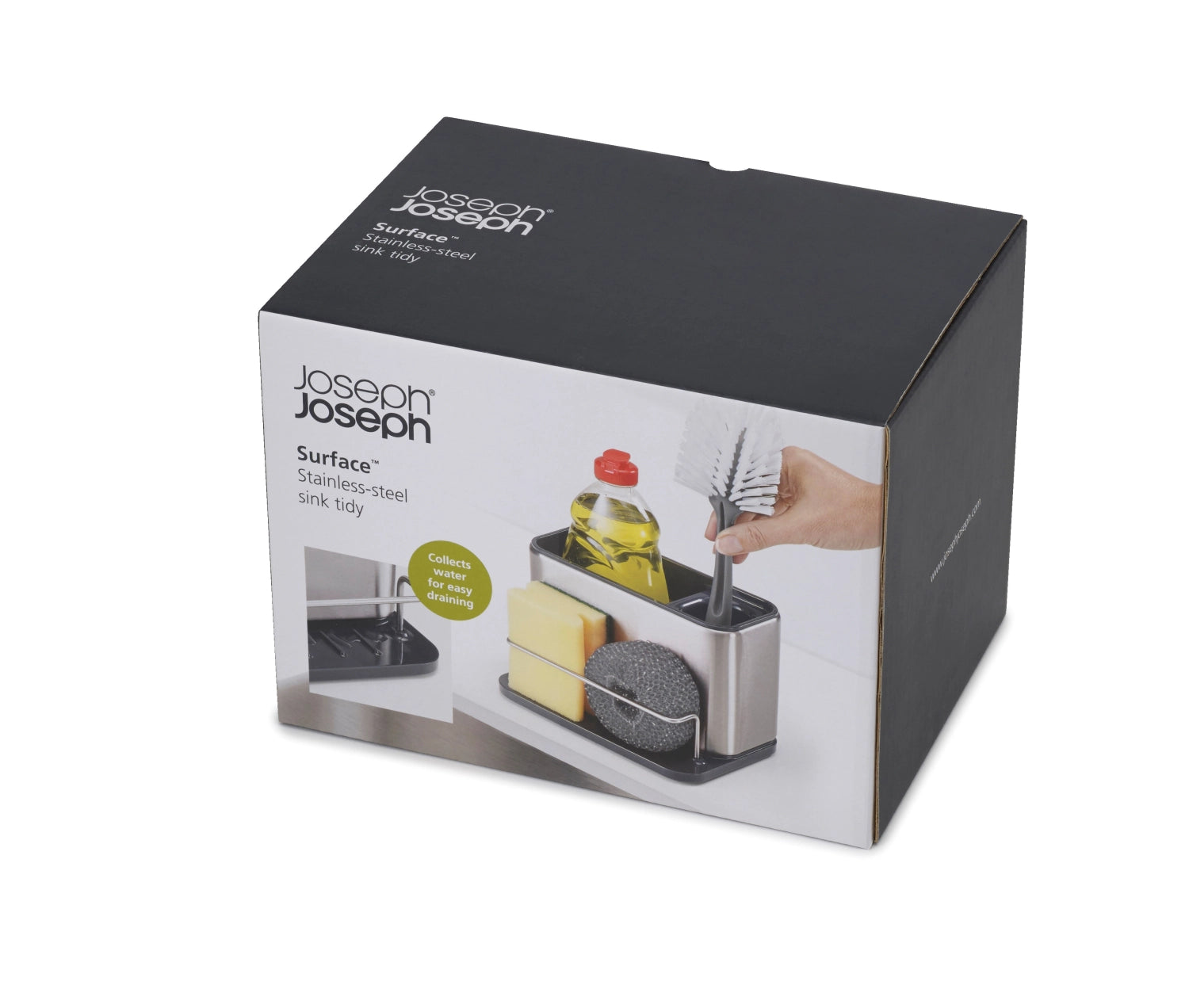 Praktischer und eleganter Surface Sink Tidy von Joseph Joseph, ideal zur Aufbewahrung von Geschirr und Reinigungszubehör in Bad und Küche.