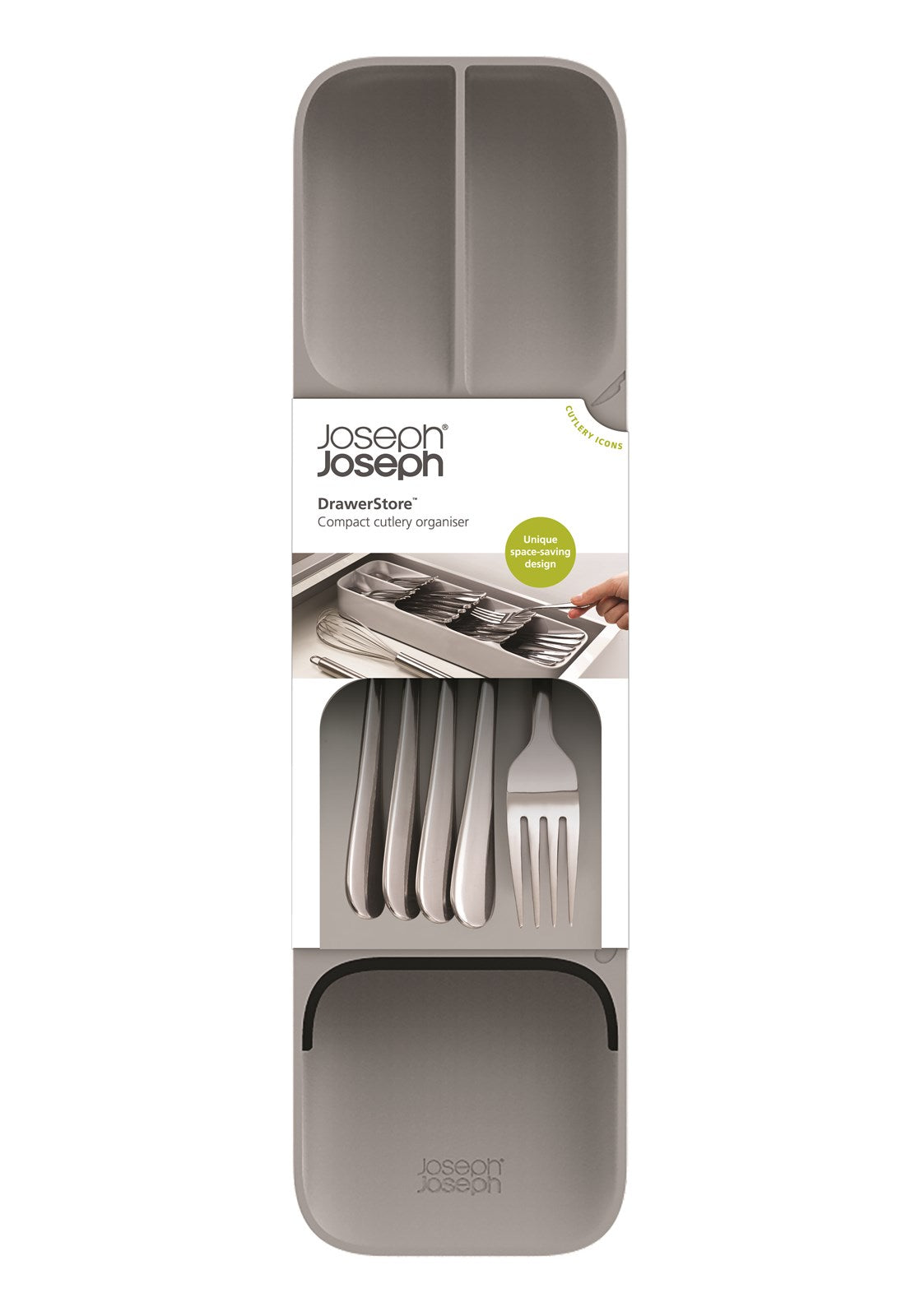 Die Joseph Joseph DrawerStore Besteckeinlage in modernem Grau bringt Ordnung in Ihre Küchenschublade. Effiziente Fächer für Besteck und einfache Reinigung.
