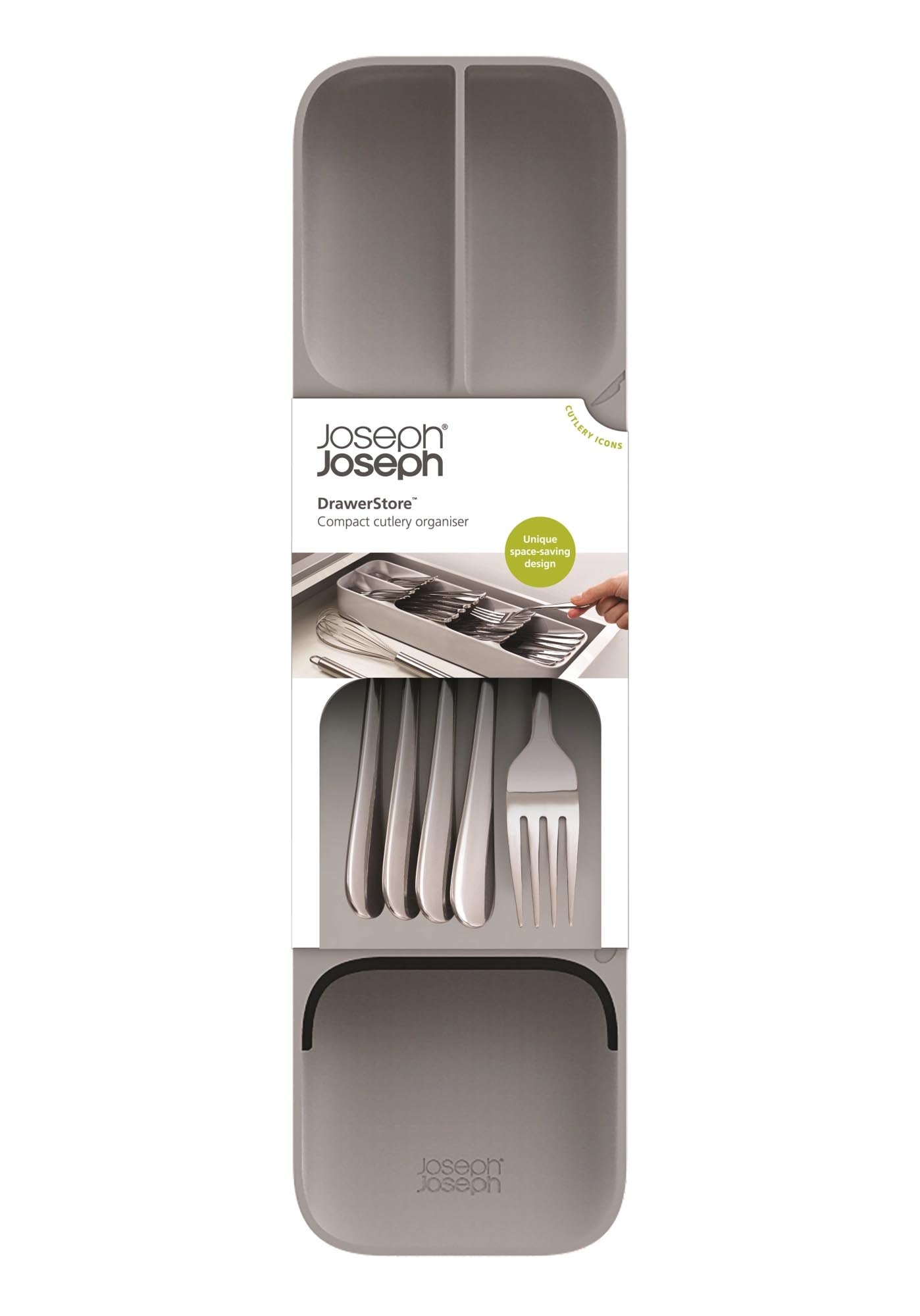 Die Joseph Joseph DrawerStore Besteckeinlage in Grau sorgt für Ordnung in der Schublade. Kompakt, langlebig und BPA-frei.