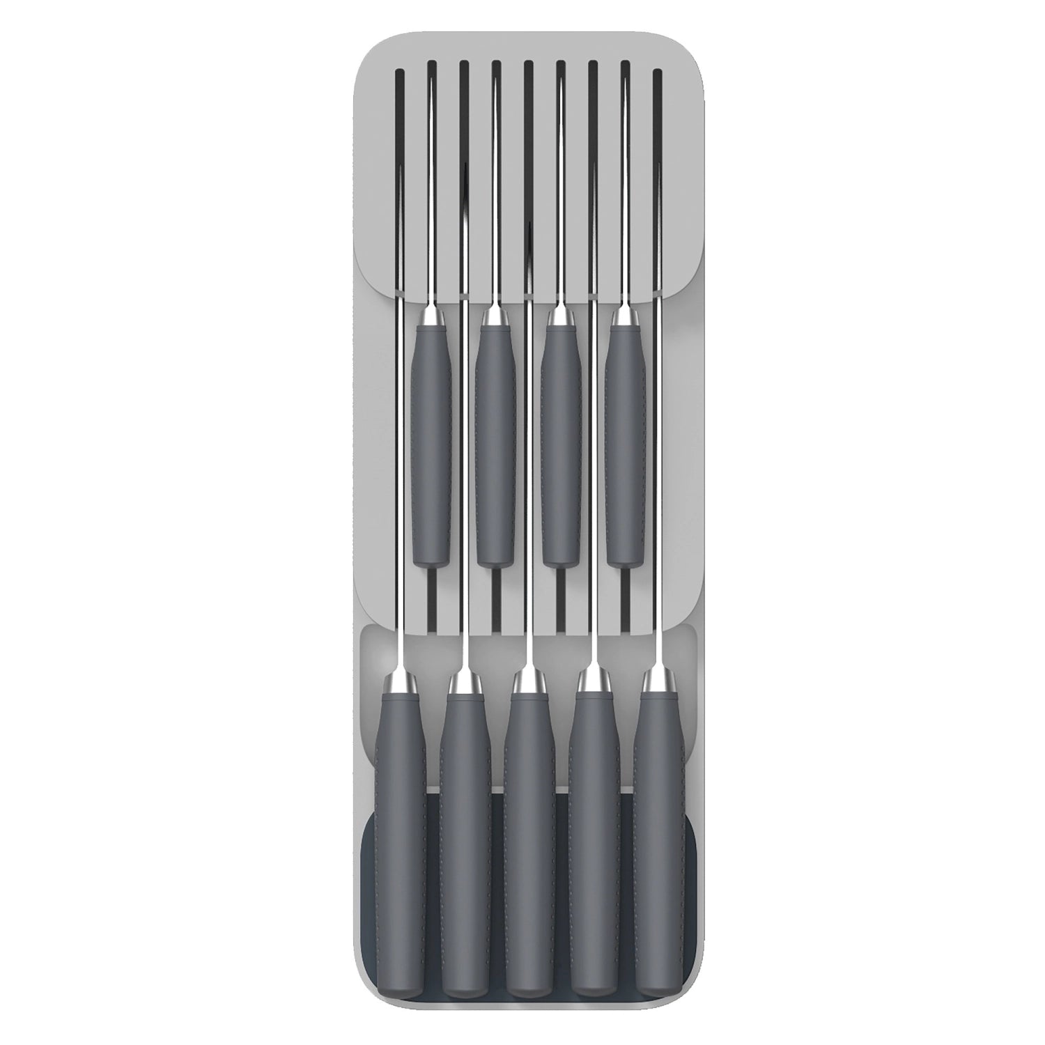 Praktische Messerliege von Joseph Joseph in elegantem Grau, ideal für die Aufbewahrung von Messern in der Küchenschublade, Maße 40x14.3x7.5 cm.