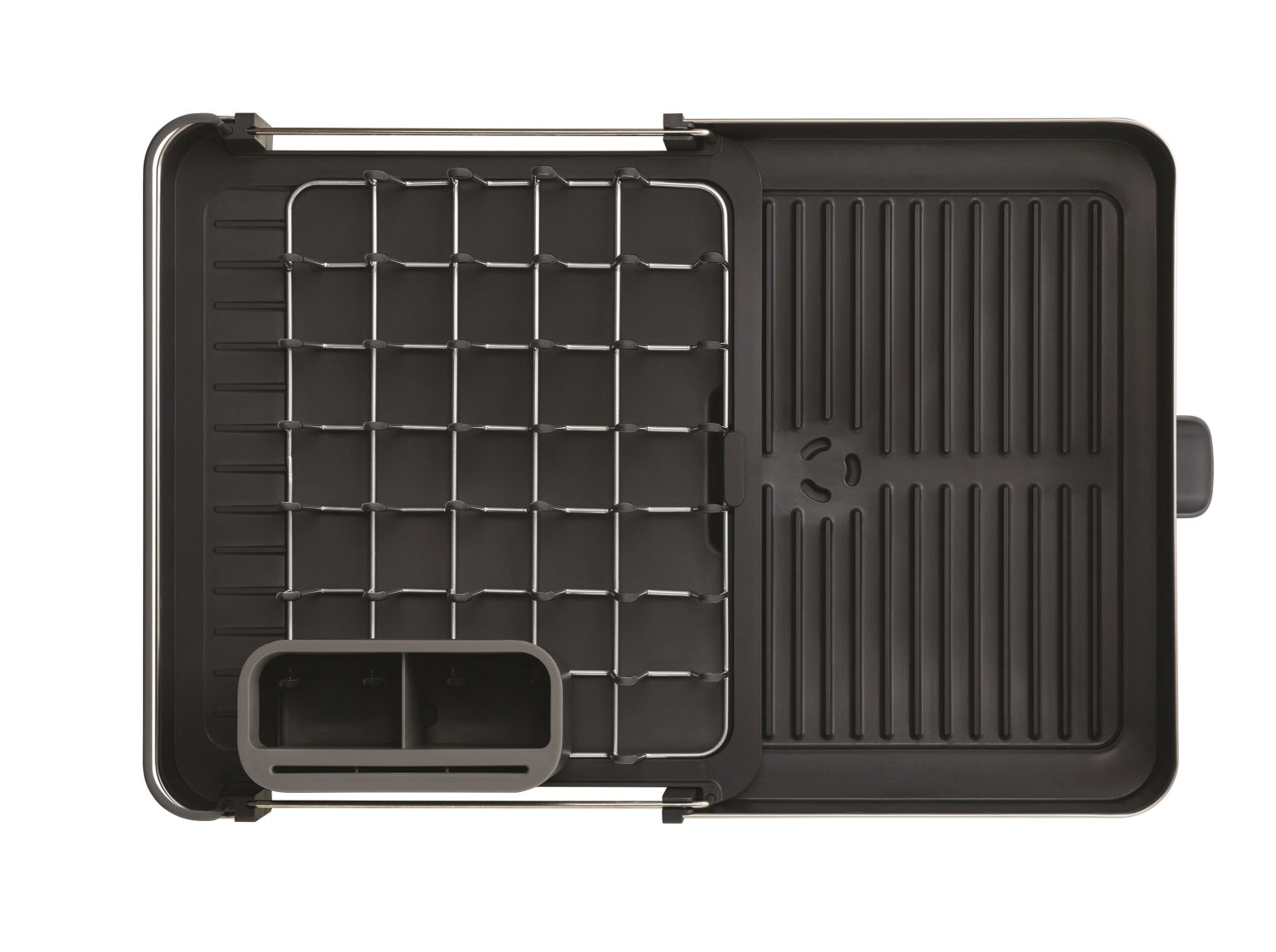 Stylisches, flexibles Abtropfgestell in Grau von Joseph Joseph, perfekt für platzsparendes Abtropfen mit praktischem Ablaufstutzen.