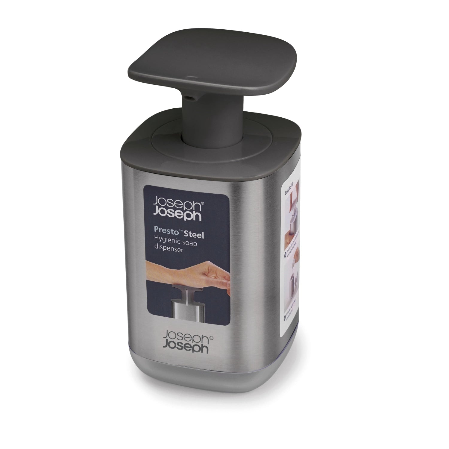 Moderner grauer Seifenspender aus hochwertigem Edelstahl von Joseph Joseph, ideal für stilvolle Badezimmer und einfache, hygienische Handhabung.