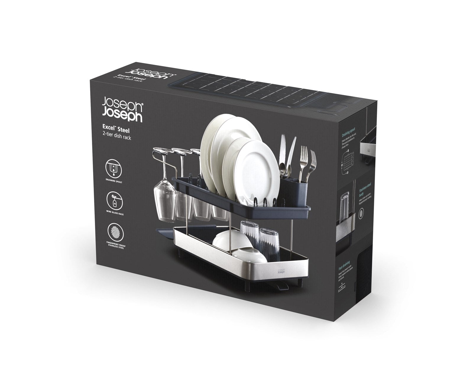 Das Excel Steel 2-stufige Edelstahl-Abtropfgestell von Joseph Joseph kombiniert stilvolle Ästhetik mit praktischer Funktionalität und optimiert den Platz für Ihr Geschirr.