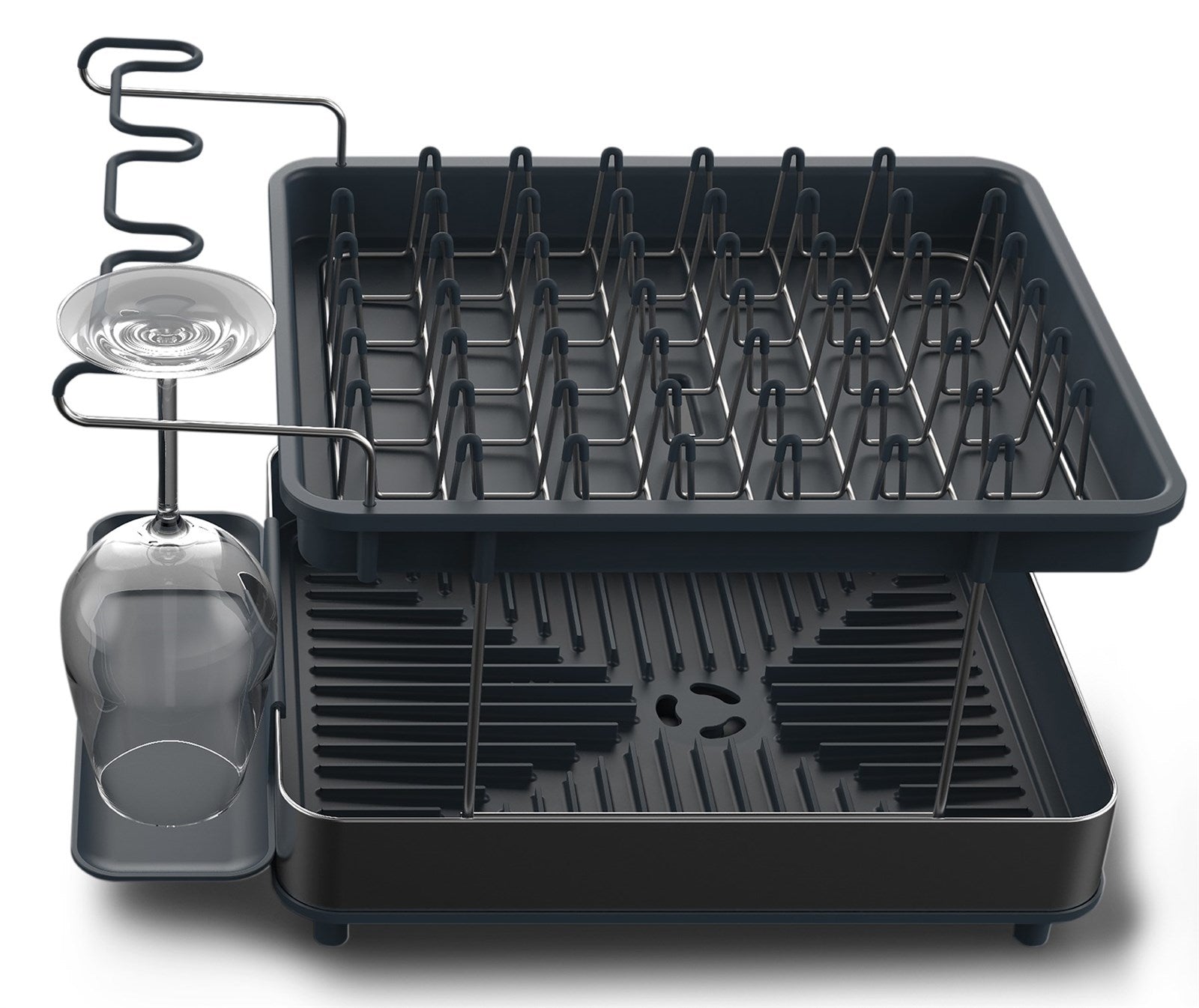 Das Excel Steel 2-stufige Edelstahl-Abtropfgestell von Joseph Joseph bietet langlebige, stilvolle Geschirrablage mit innovativer Weinglasschiene.