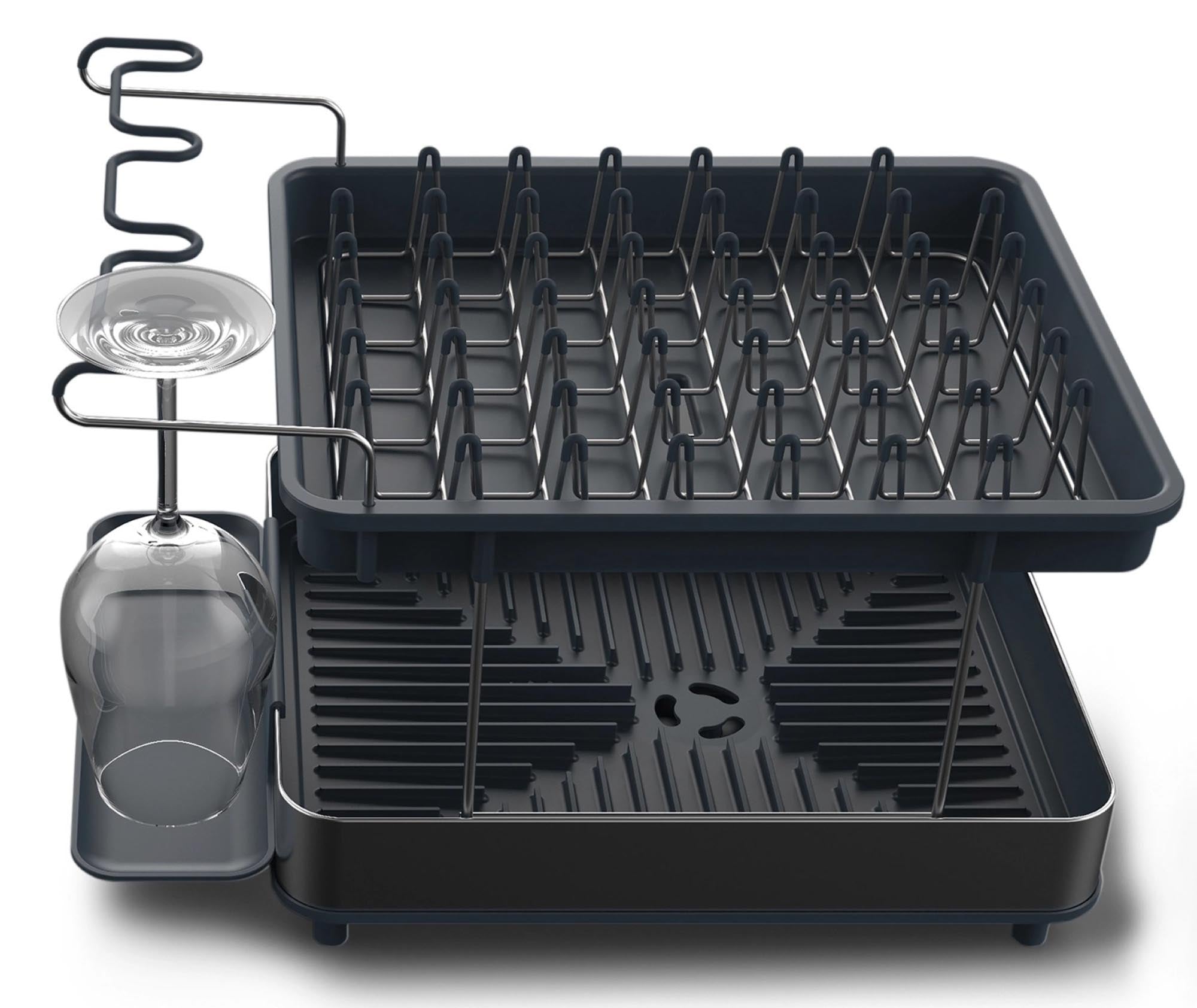 Elegantes 2-stufiges Abtropfgestell aus Edelstahl von Joseph Joseph. Maximale Platzausnutzung, innovative Weinglasschiene und leicht zu reinigen.