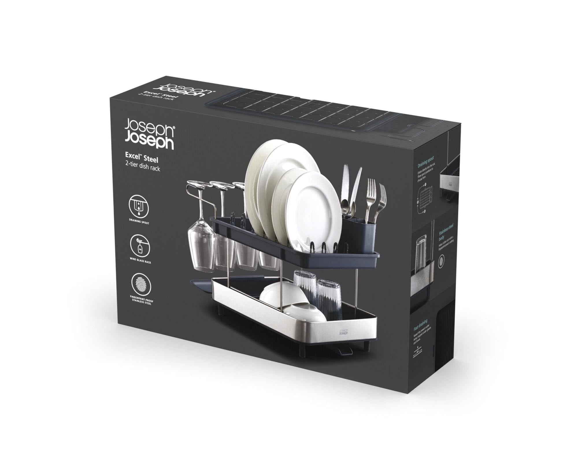 Das Excel Steel 2-stufige Edelstahl-Abtropfgestell von Joseph Joseph bietet langlebige, stilvolle Geschirrablage mit innovativer Weinglasschiene.