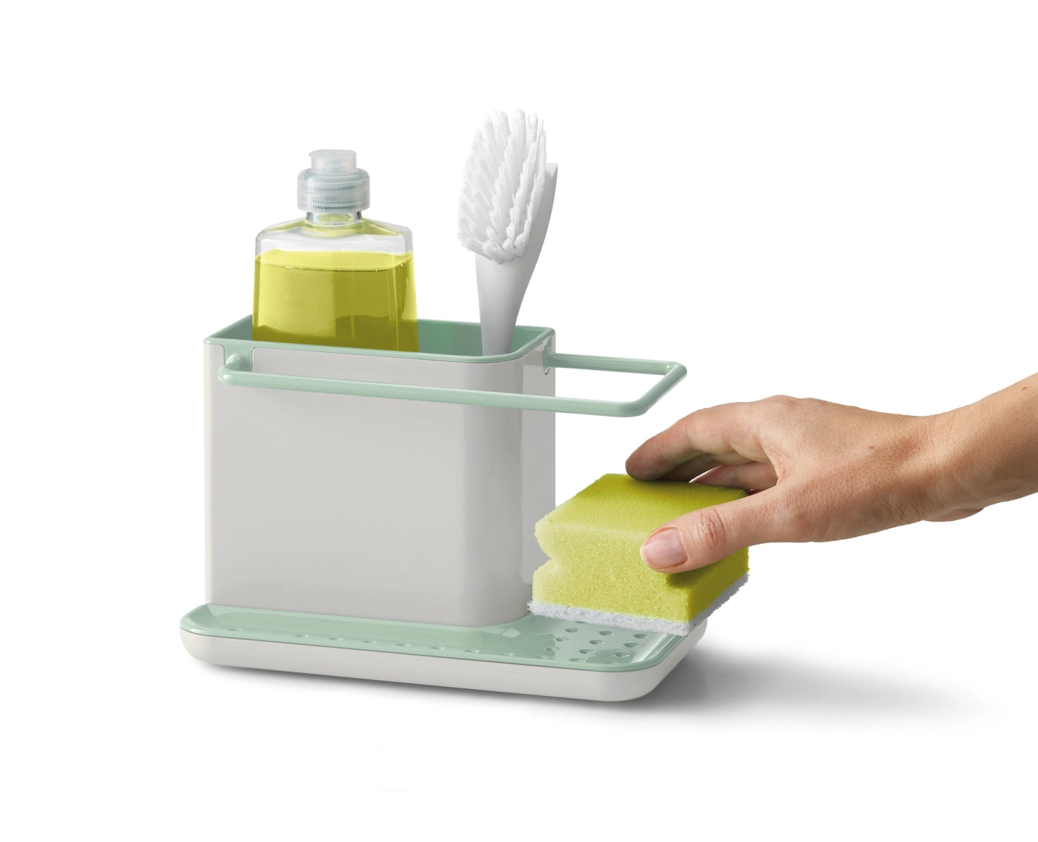 Eleganter Caddy Spülenorganizer in zartem Light Stone Sage, ideal zur stilvollen Organisation von Spülutensilien, Maße: 19.5x13.5x11cm.
