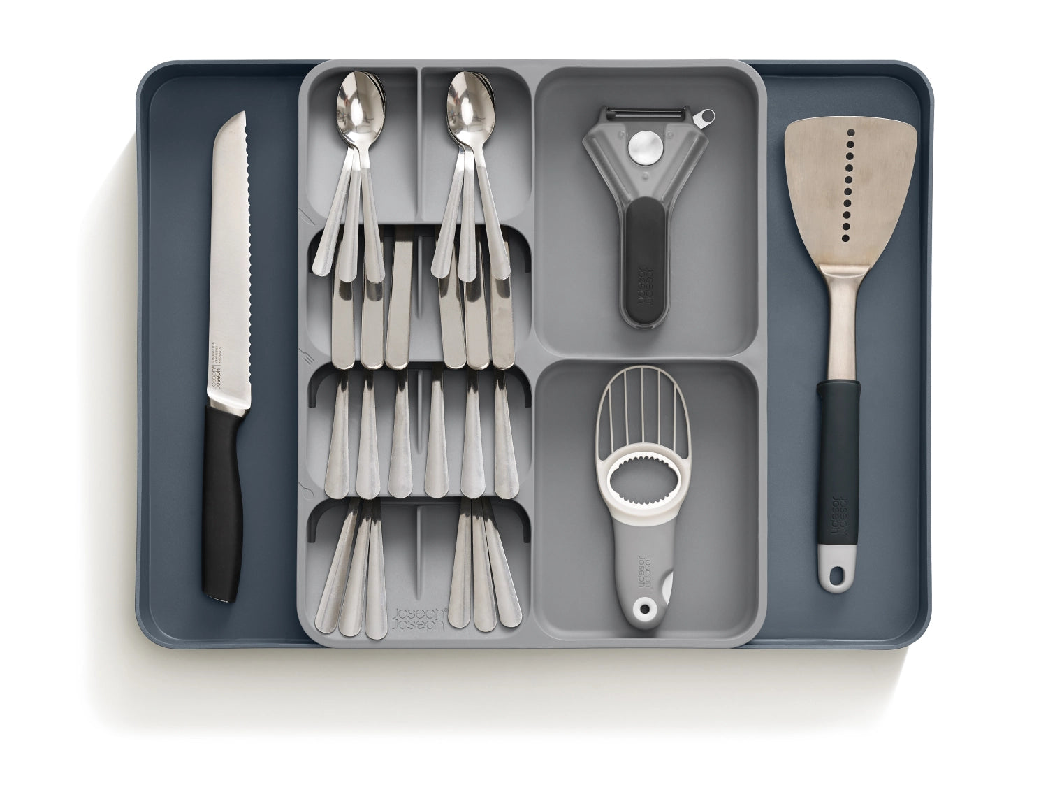 Stylische Joseph Joseph Besteckbox in modernem Grau, perfekt für die platzsparende und ordentliche Aufbewahrung von Besteck und Küchenhelfern.