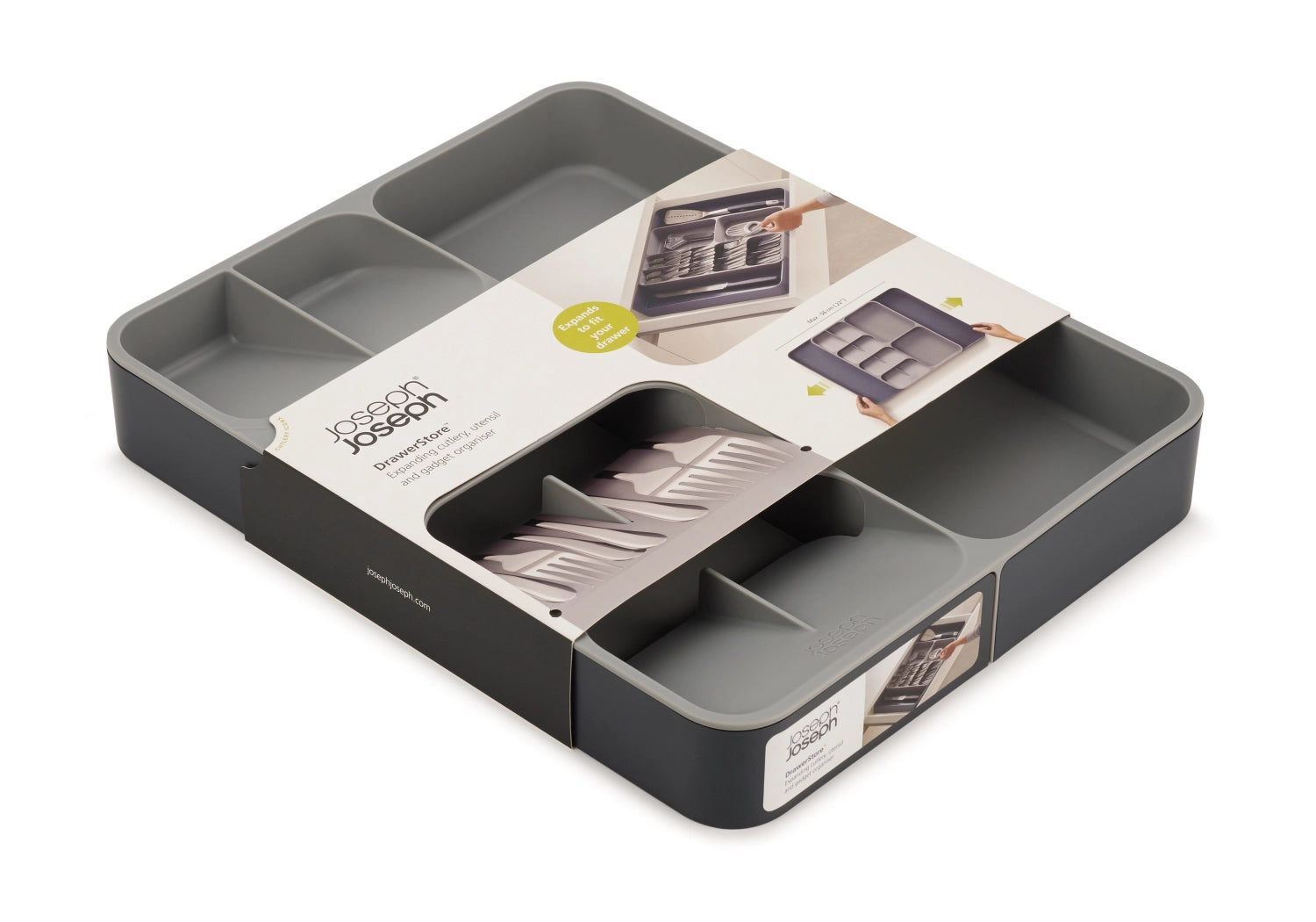 Praktische Joseph Joseph Besteckbox in elegantem Grau, ideal zur organisierten Aufbewahrung von Besteck und Küchenutensilien.