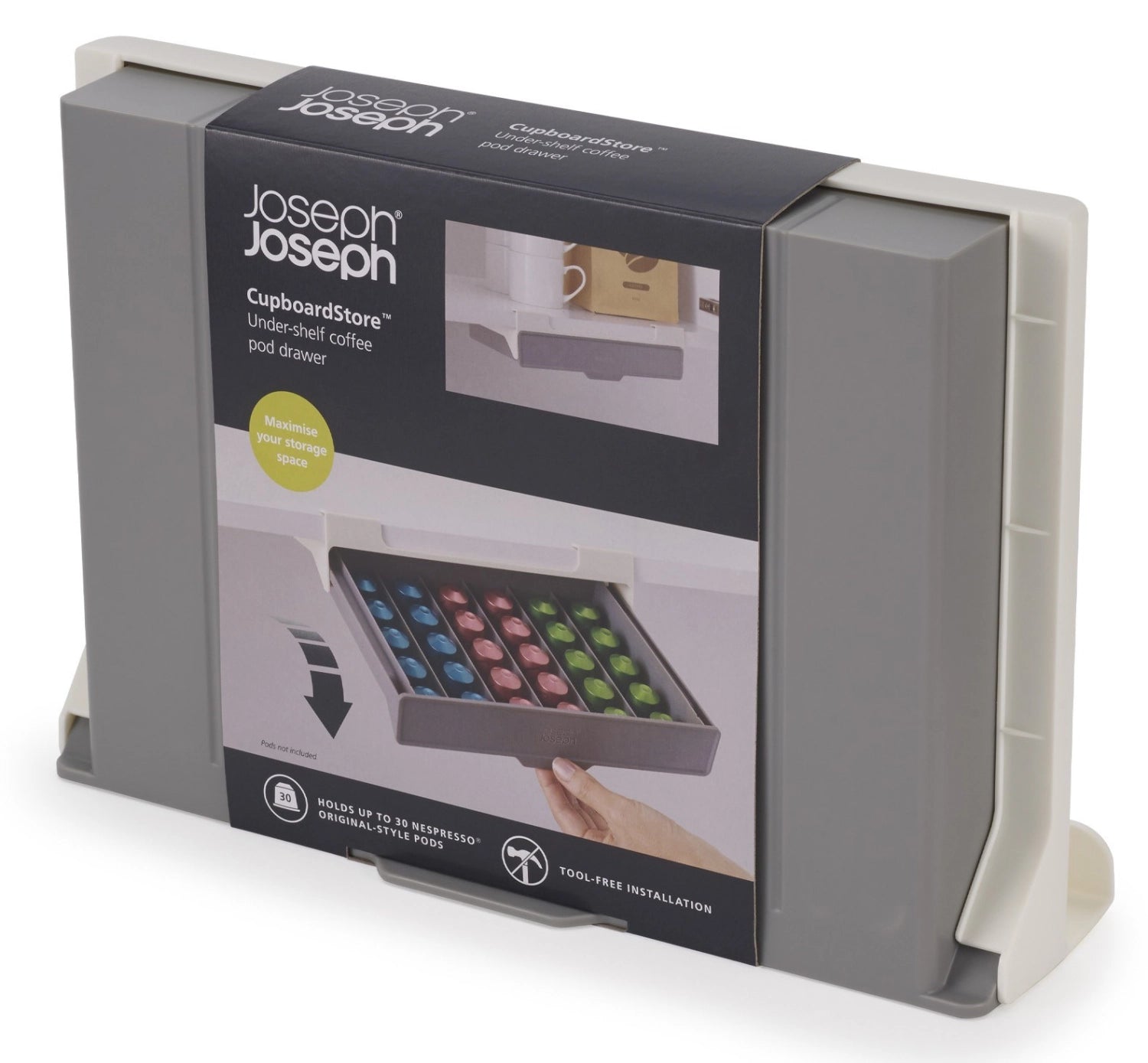 Halten Sie Ihre Kaffeekapseln ordentlich und griffbereit mit der CupboardStore Kaffeekapselschublade von Joseph Joseph – die perfekte Lösung für jede Küche!