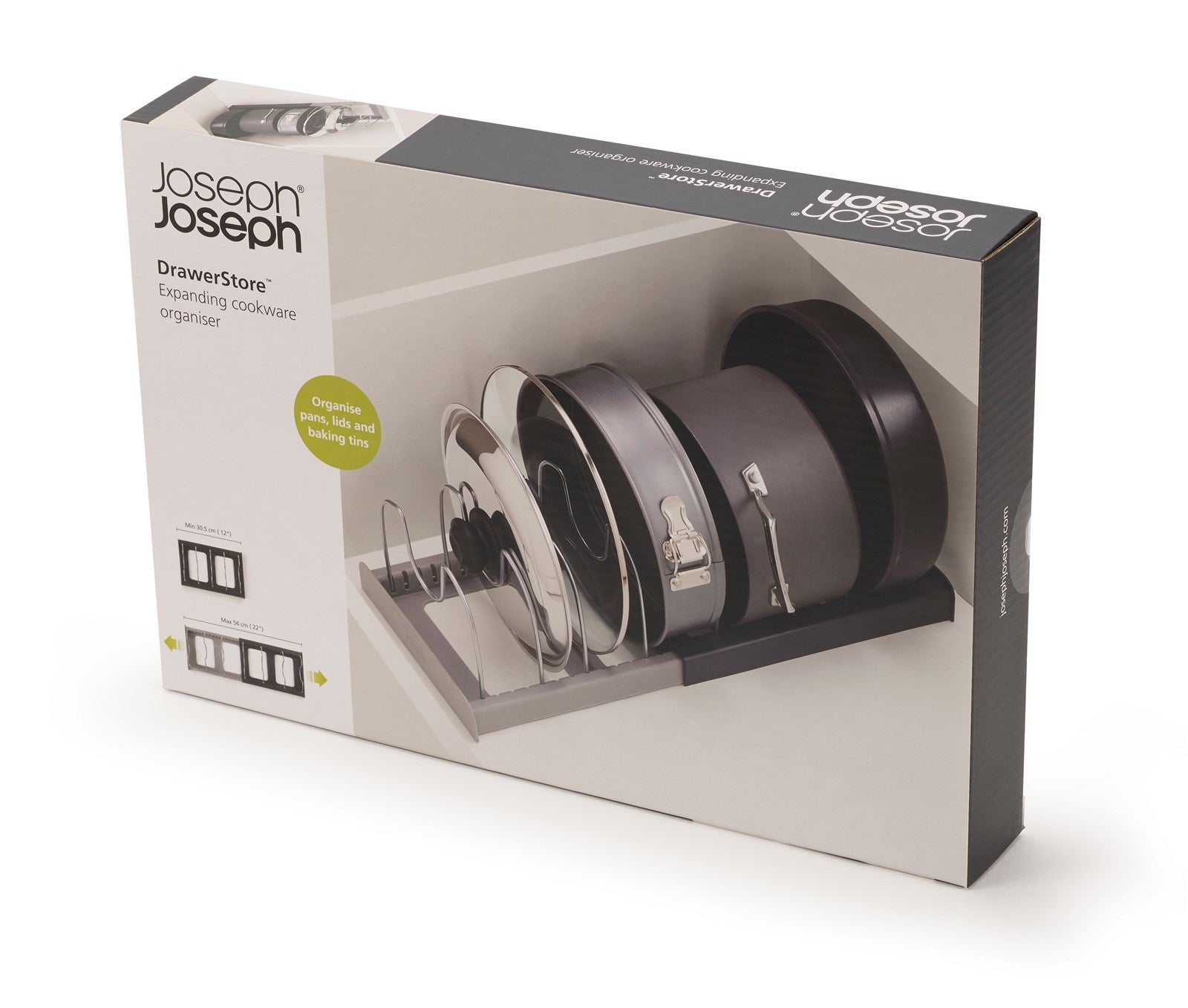 Praktischer DrawerStore Organizer von Joseph Joseph: Optimale Aufbewahrung für Kochgeschirr, robust und modern in stilvollem Grau.