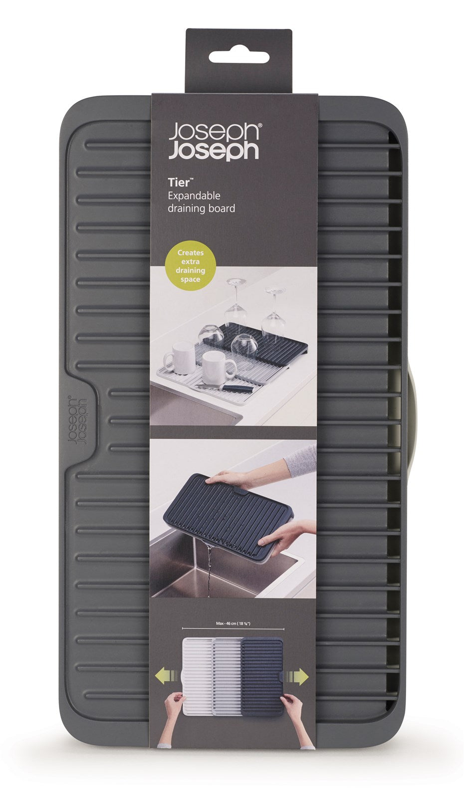 Praktisches, erweiterbares Abtropfgestell in elegantem Grau von Joseph Joseph – ideal für platzsparendes Trocknen von Geschirr.