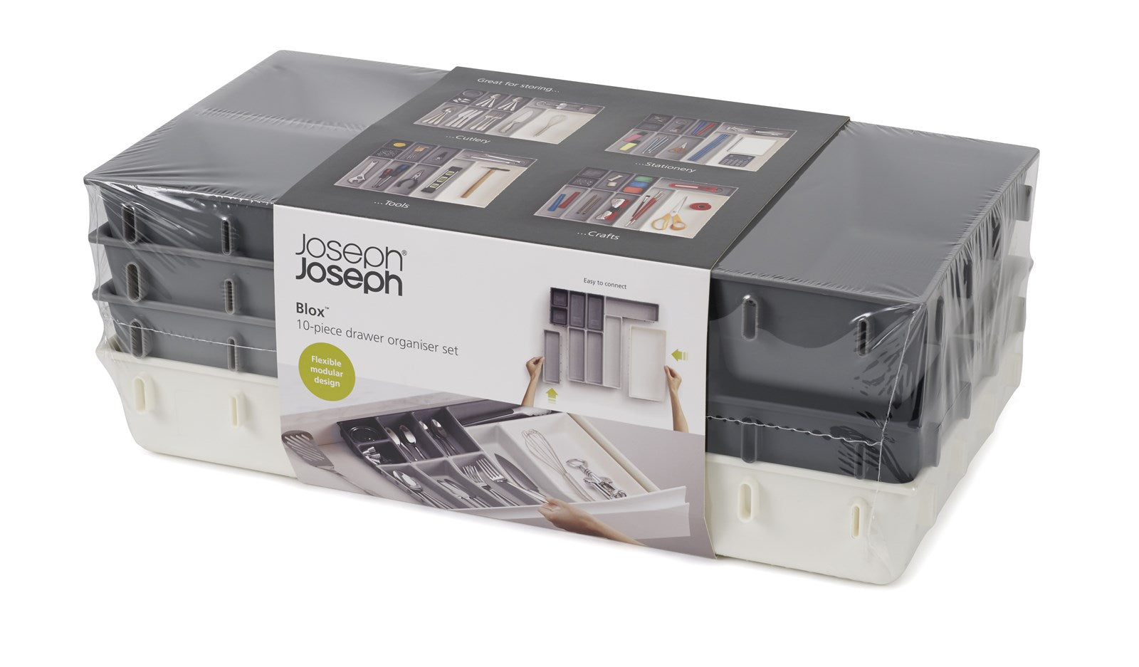 Das Blox 10-teilige Schubladen-Organizer-Set von Joseph Joseph bietet vielseitige Lösungen zur optimalen Aufbewahrung und Organisation Ihrer Utensilien.