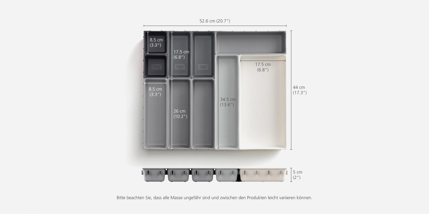 Vielseitiges 10-teiliges Schubladen-Organizer-Set von Joseph Joseph für eine platzsparende und übersichtliche Aufbewahrung von Besteck und Küchenhelfern.