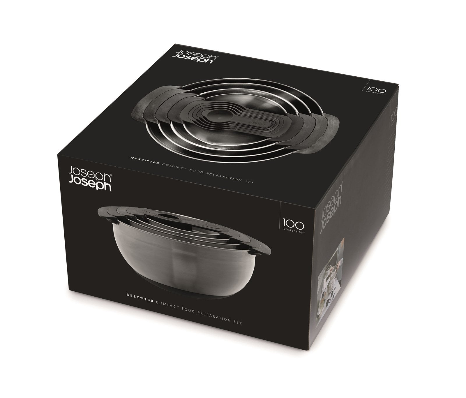 Praktisches 9-teiliges Schüssel- und Messlöffelset von Joseph Joseph. Platzsparend, aus hochwertigem Edelstahl und spülmaschinenfest.