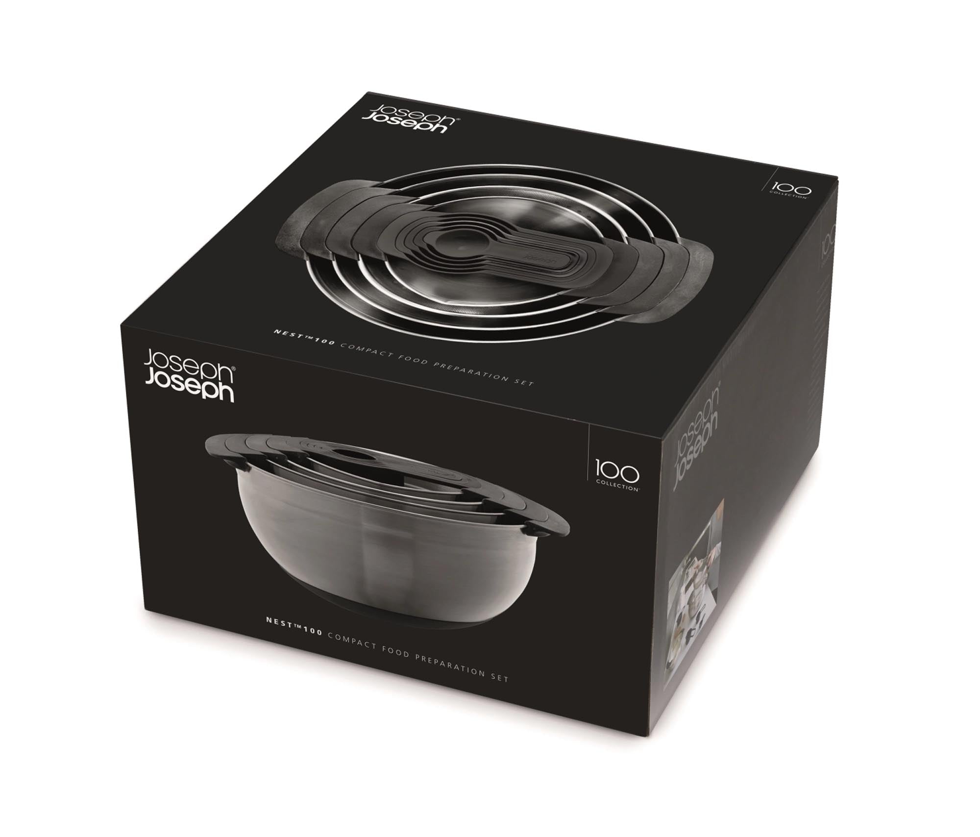 Praktisches 9-teiliges Schüssel- und Messlöffelset von Joseph Joseph. Platzsparend, aus hochwertigem Edelstahl und spülmaschinenfest.