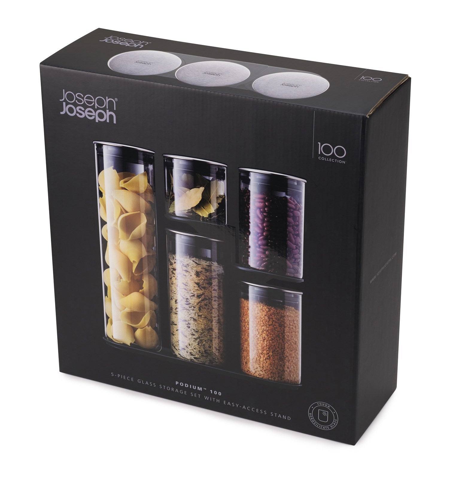 Elegante 5-teilige Aufbewahrungslösung aus Edelstahl und Glas von Joseph Joseph. Perfekt für frische Lebensmittel, mit rutschfestem Stand.