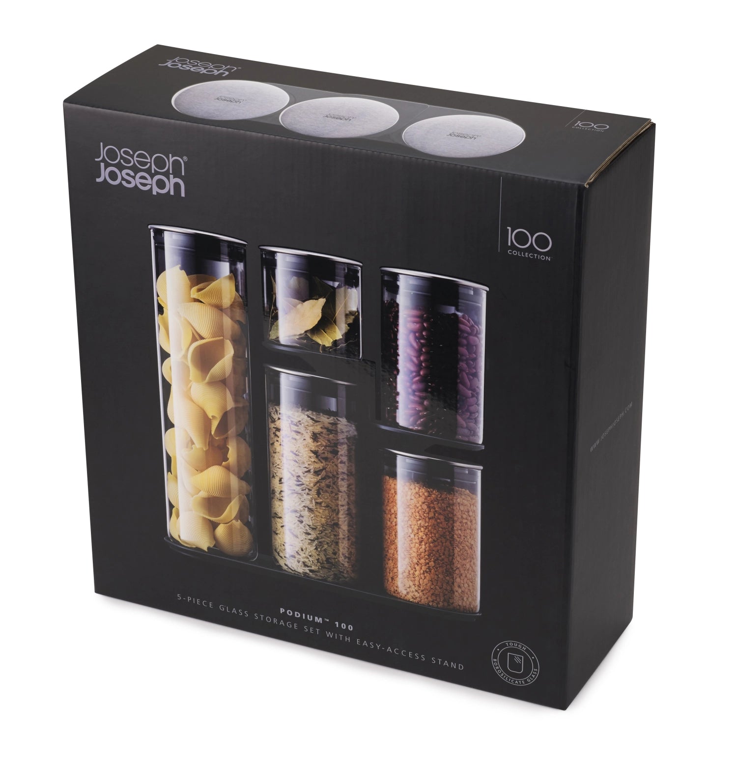 Modernes 5-teiliges Set aus Edelstahl und Glas von Joseph Joseph, perfekt für stilvolle und funktionale Aufbewahrung von Lebensmitteln.