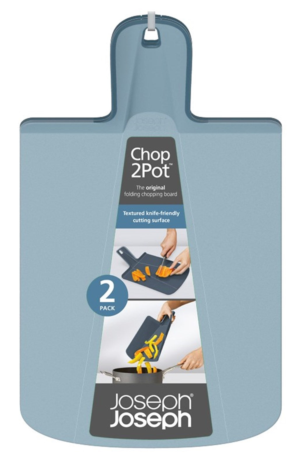 Entdecke die vielseitigen Chop2Pot Plus Sky Schneidbretter von Joseph Joseph – ideal für sicheres Schneiden und müheloses Servieren in elegantem Design.