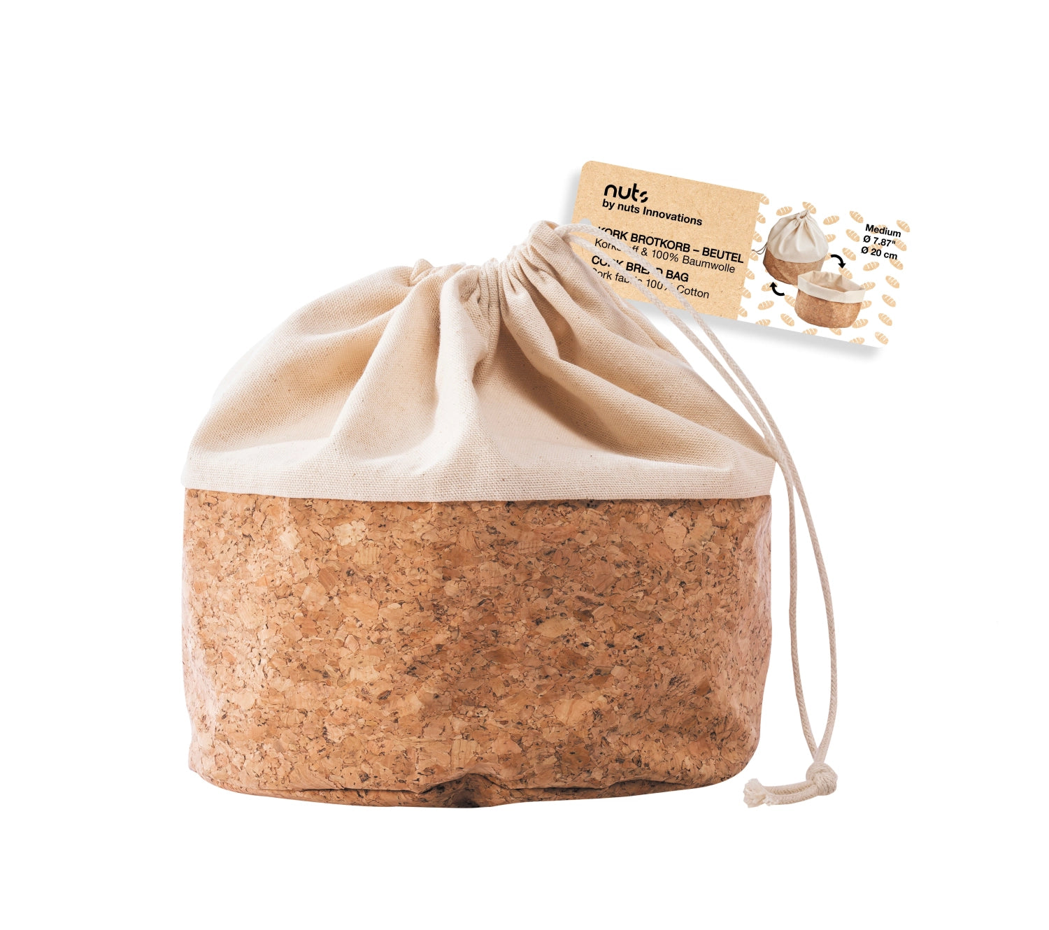 Entdecken Sie den stilvollen Brotbeutel mit Kordel von Nuts Innovations. Aus atmungsaktiver Baumwolle, 20 cm groß, ideal für Brot und Snacks. Nachhaltig mit Kork-Element.