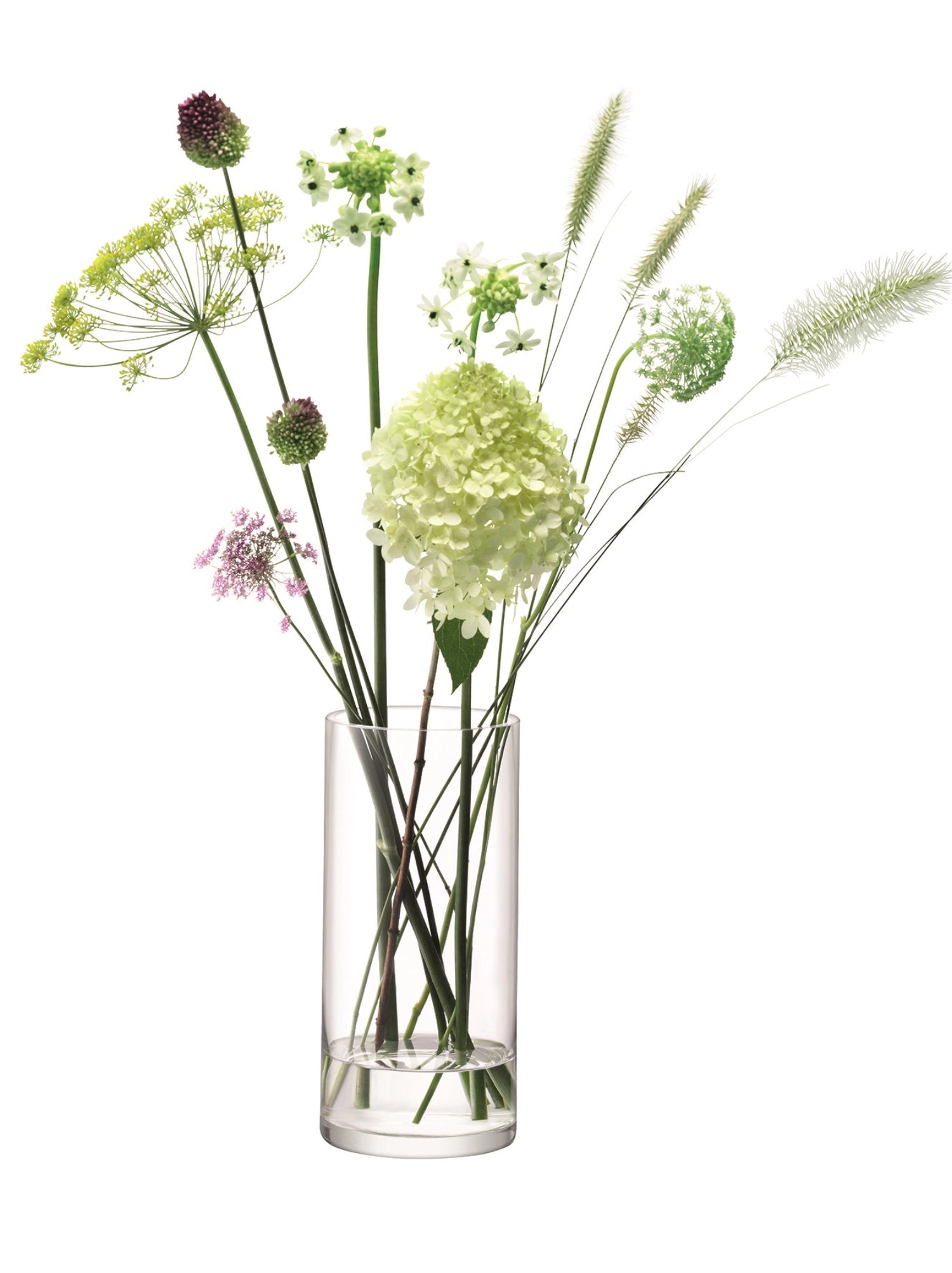 Elegante klare Glasvase in Säulenform, Höhe 28 cm und Durchmesser 13 cm, perfekt für Blumenarrangements und moderne Dekoration.