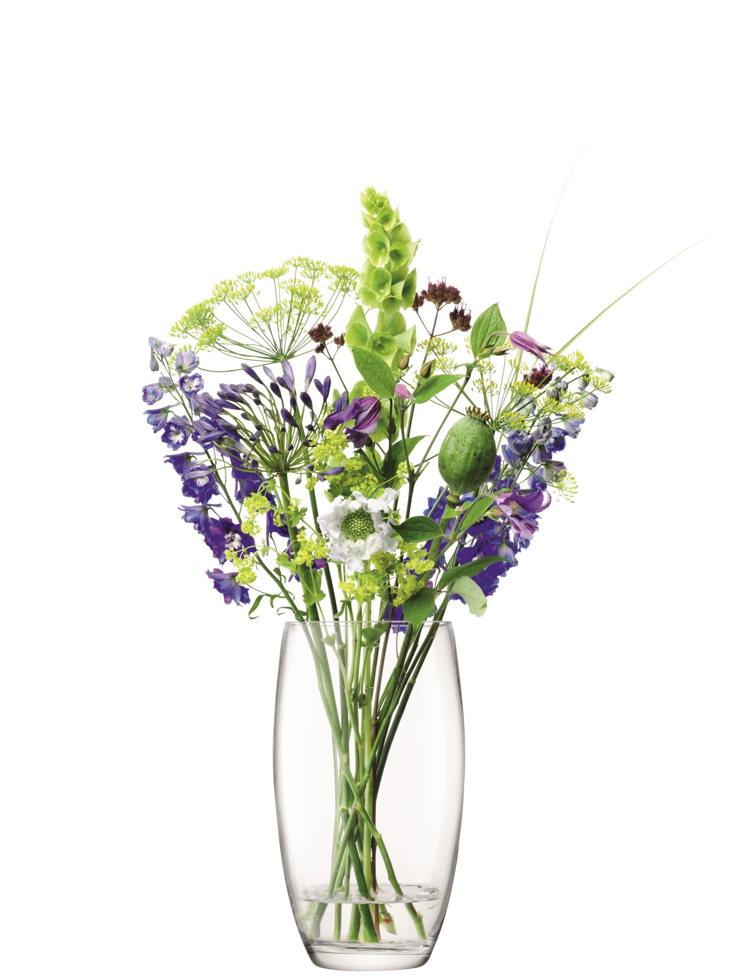 Die elegante Flower Fass Straußvase von LSA (H29cm) aus klarem Glas setzt Blumenarrangements perfekt in Szene und verleiht jedem Raum einen Hauch von Stil.