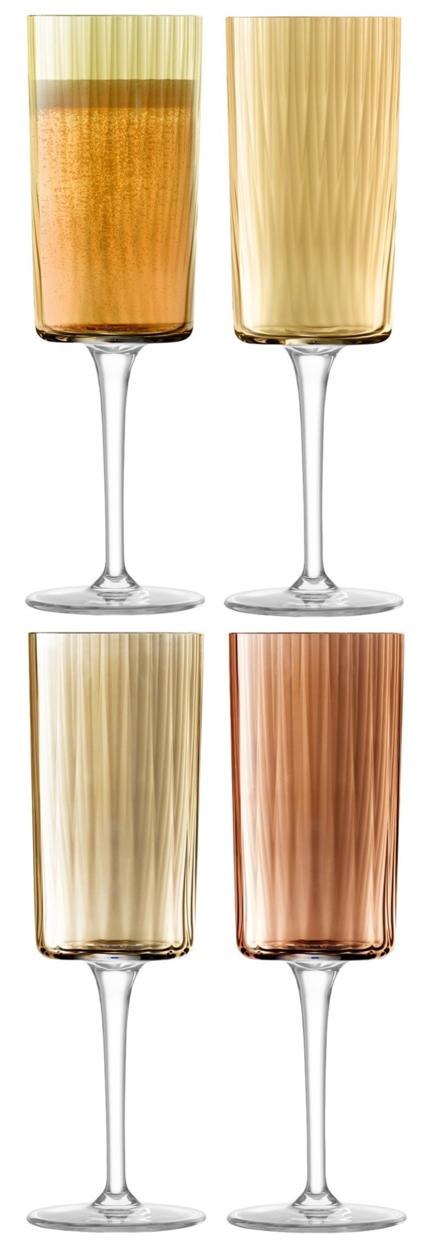 Elegantes 4er Set Champagnerflöten von LSA in verschiedenen Bernsteinfarben, perfekt für besondere Anlässe und stilvolle Getränkepräsentation.