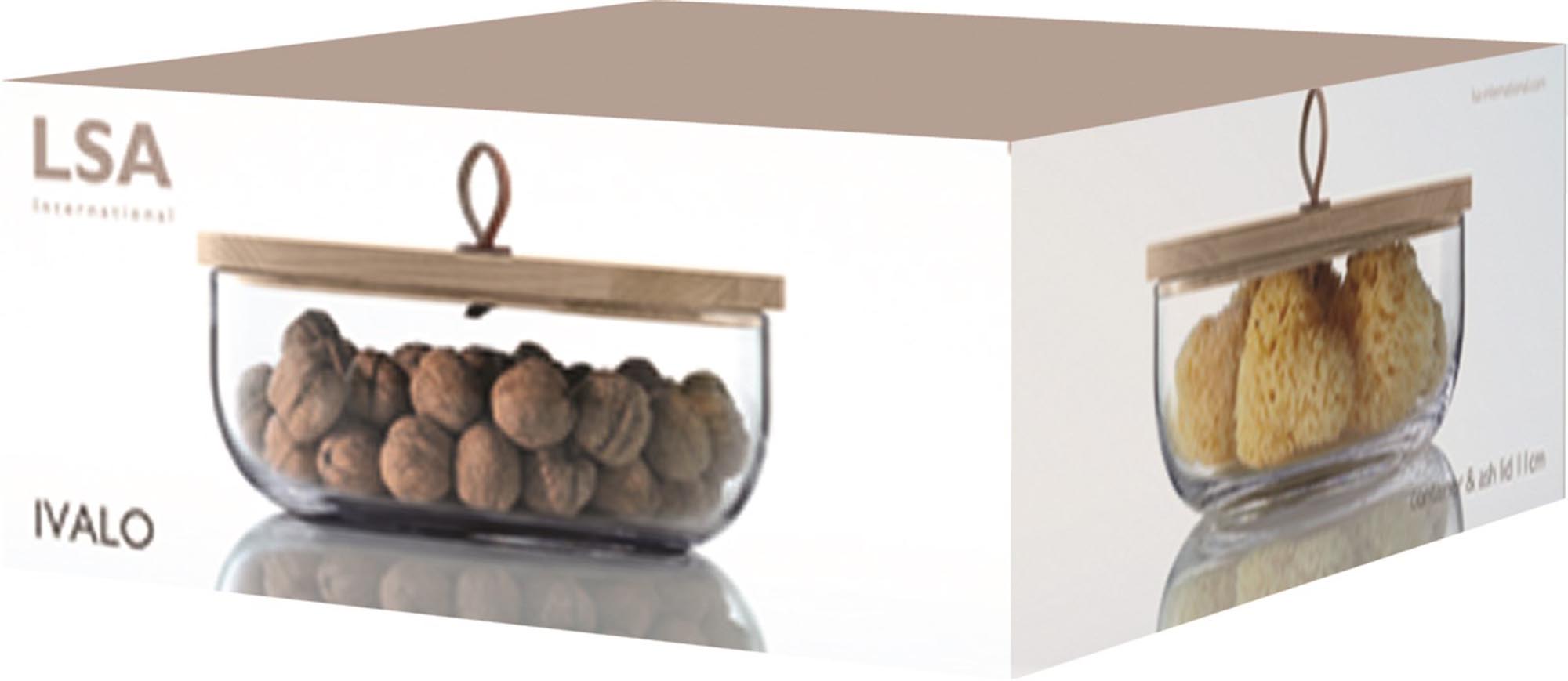 Eleganter Ivalo Behälter aus klarem Glas mit Esche-Deckel, 11cm hoch. Ideal für stilvolle Aufbewahrung in jedem Raum.