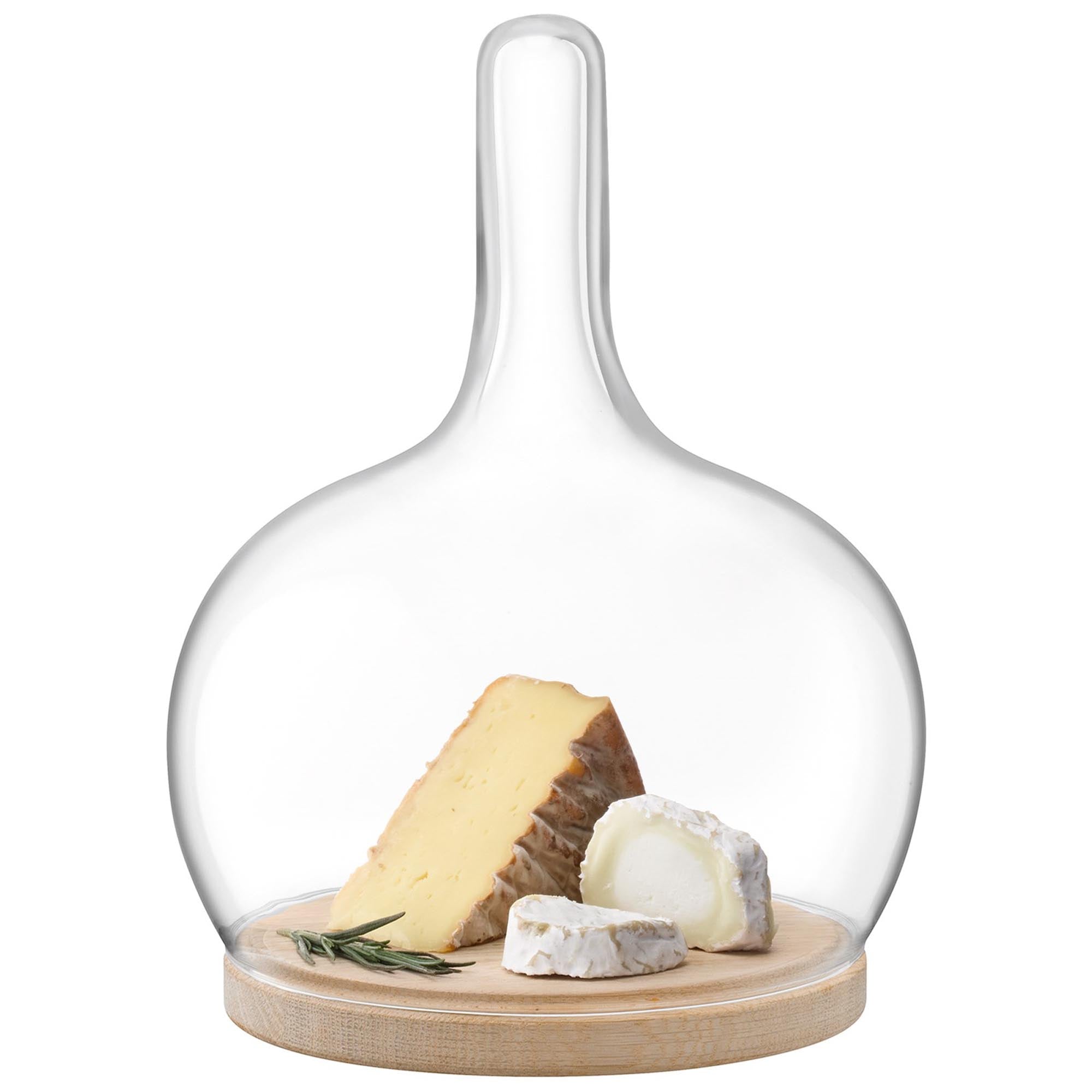 Elegante Cloche Dome Platte aus Eiche und Glas, Ø19,5cm, H25,5cm. Ideal für die stilvolle Präsentation von Speisen und Dekorationen.