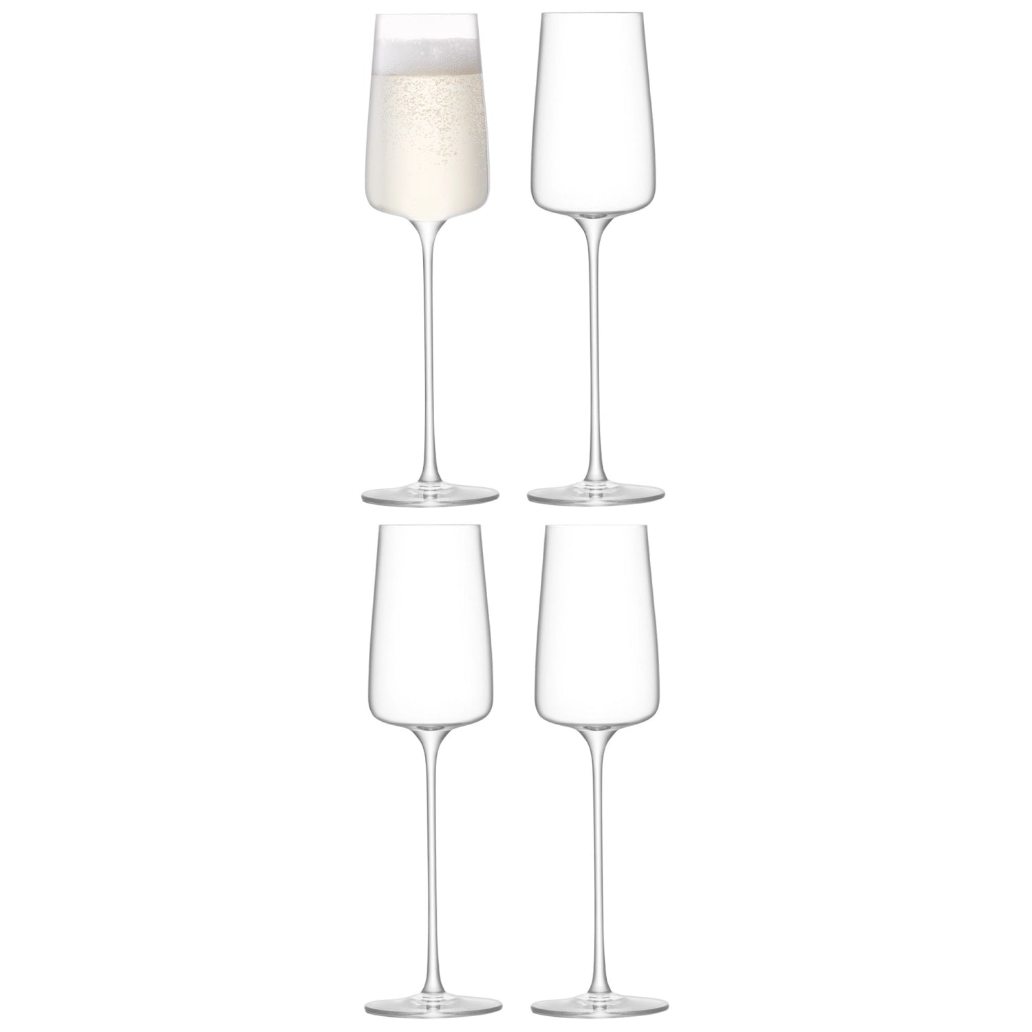 Elegantes 4er Set Metropolitan Champagnerflöten von LSA, 230ml, aus klarem Glas, ideal für festliche Anlässe und stilvolles Servieren von Champagner.