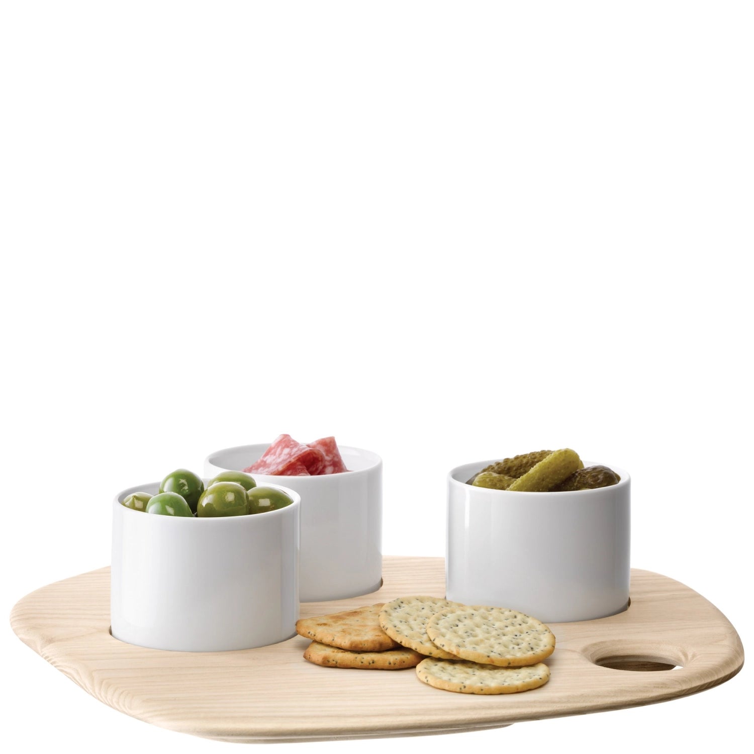 Genießen Sie das Palette Tapas Set von LSA: Ein elegantes Eschenbrett (W31cm, L32,3cm) und feines Porzellan für stilvolle Tapas und mehr.